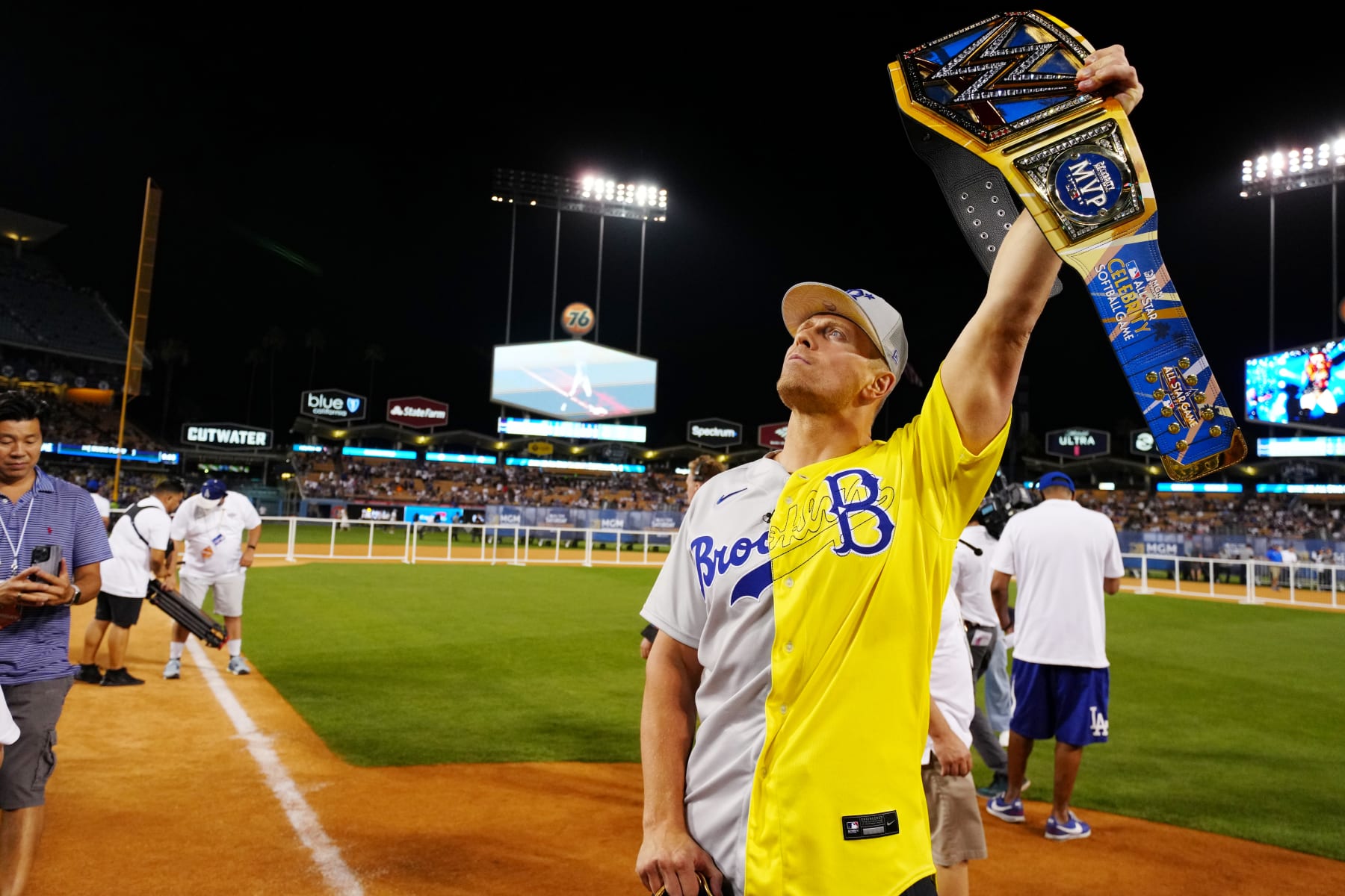 LOS ANGELES, CA - JULY 16:  The Miz celebrates after being named the MVP of the MGM All-Star Celebrity Softball Game at Dodger Stadium on Saturday, July 16, 2022 in Los Angeles, California. (Photo by Daniel Shirey/MLB Photos via Getty Images)