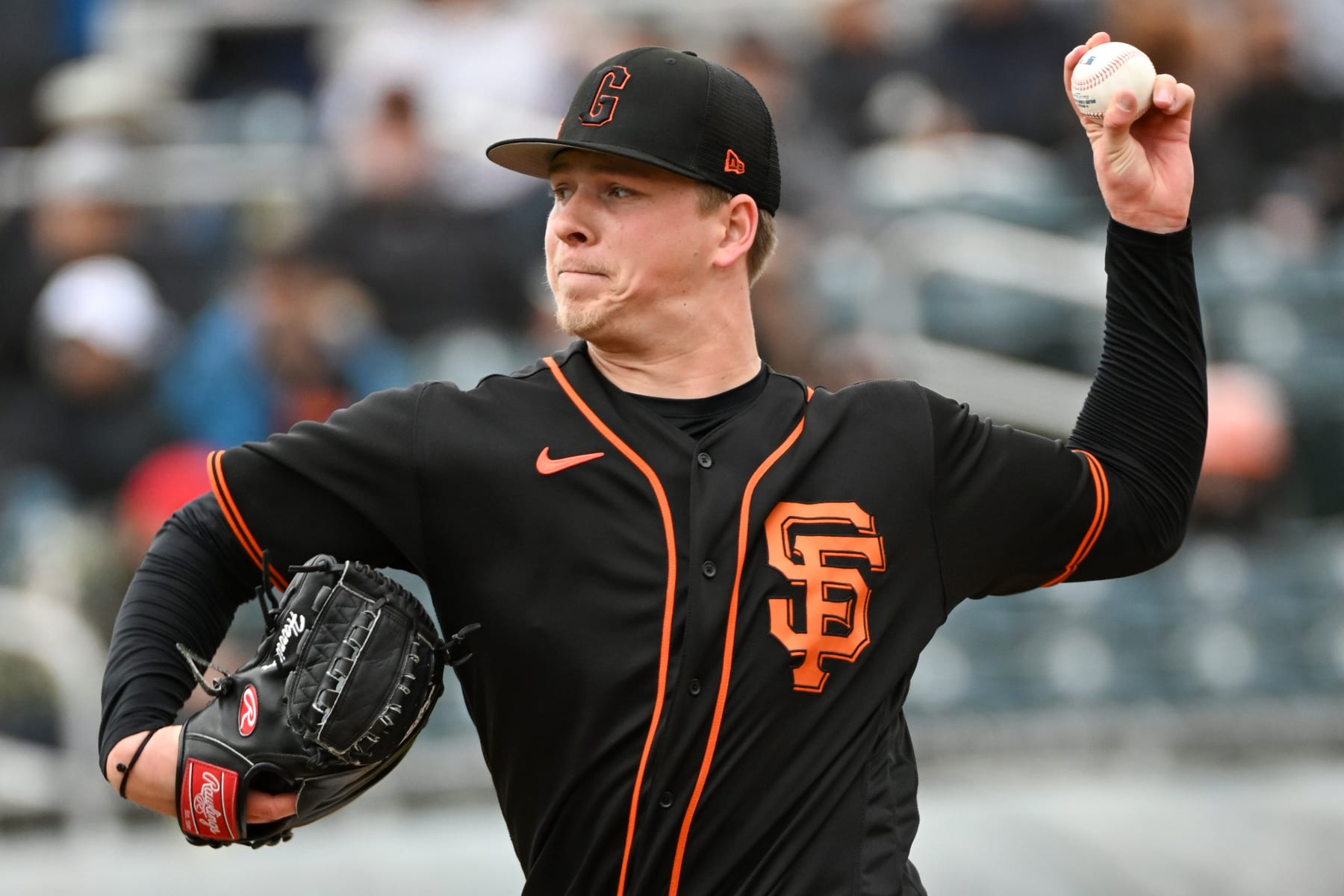 SCOTTSDALE, ARIZONA - MARCH 01, 2023: Kyle Harrison #86 of the San Francisco Giants throws a pitch during the sixth inning of a spring training game against the Arizona Diamondbacks at Scottsdale Stadium on March 1, 2023 in Scottsdale, Arizona. (Photo by David Durochik/Diamond Images via Getty Images)