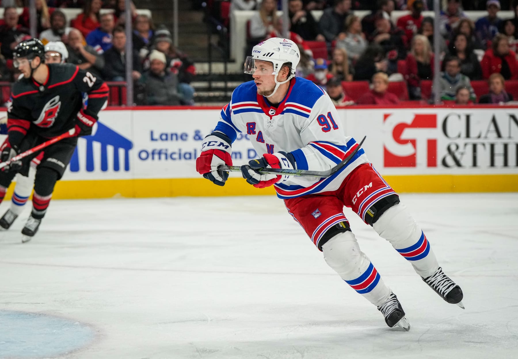 RALEIGH, NORTH CAROLINA - FEBRUARY 11: Vladimir Tarasenko #91 of the New York Rangers skates during the second period against the Carolina Hurricanes at PNC Arena on February 11, 2023 in Raleigh, North Carolina. (Photo by Josh Lavallee/NHLI via Getty Images)
