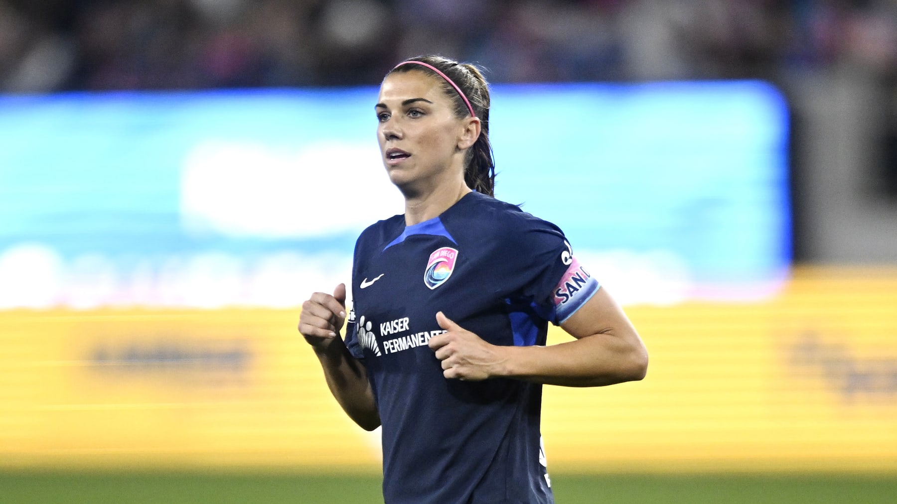 San Diego's Alex Morgan plays during an NWSL soccer match against Chicago, Saturday, March 25, 2023, in San Diego. (AP Photo/Denis Poroy)