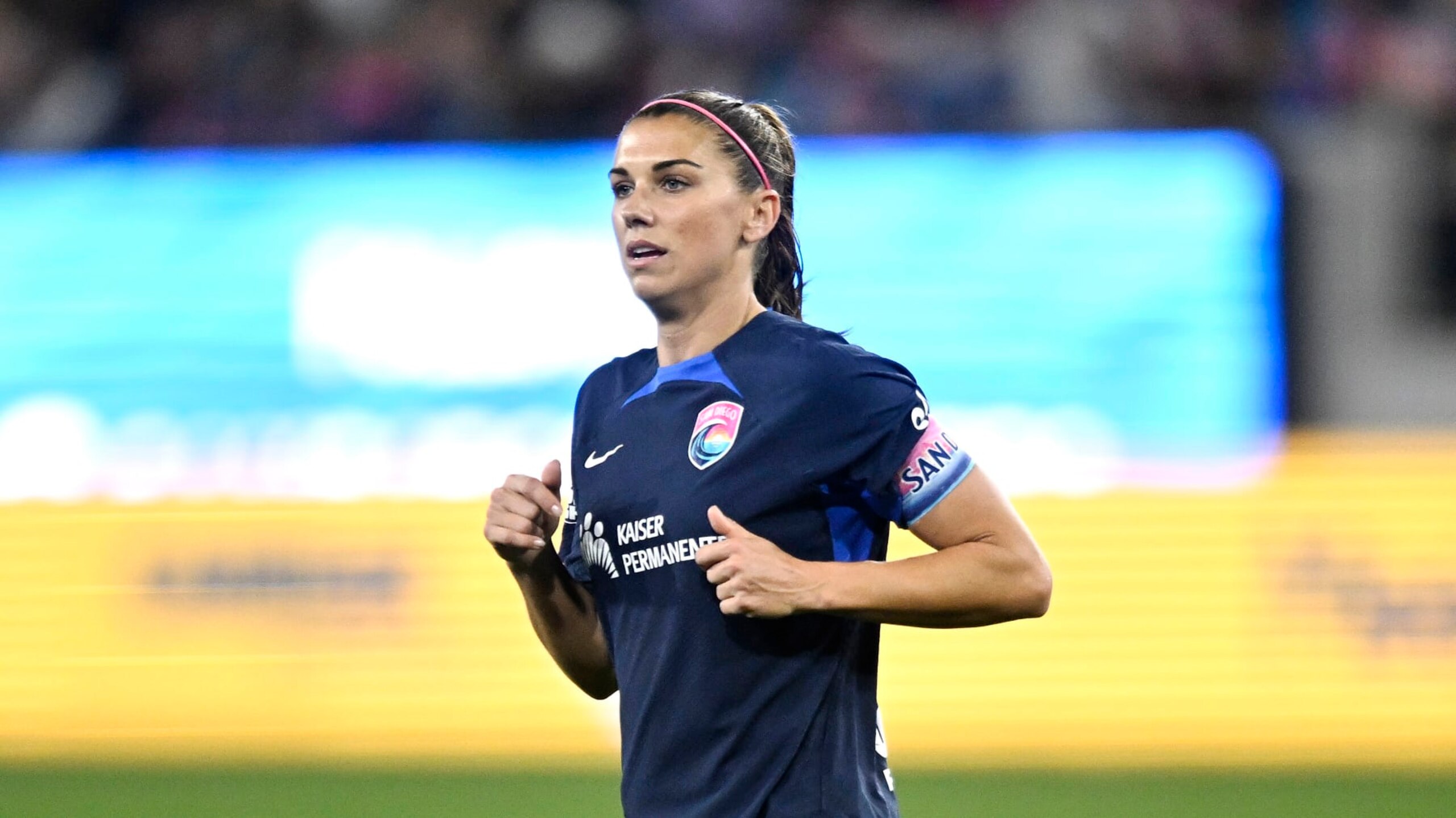 San Diego's Alex Morgan plays during an NWSL soccer match against Chicago, Saturday, March 25, 2023, in San Diego. (AP Photo/Denis Poroy)