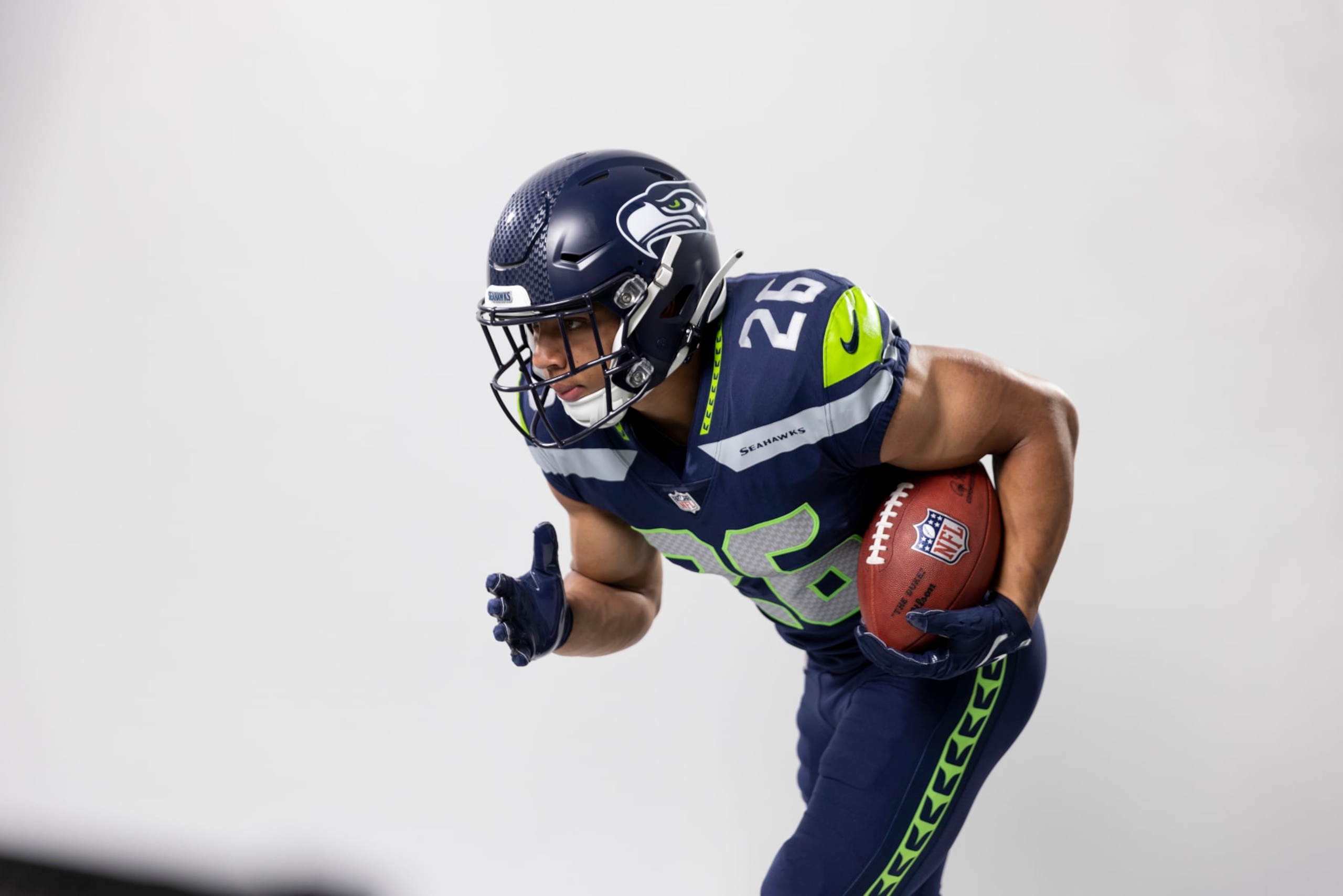 LOS ANGELES, CALIFORNIA - MAY 20: Zach Charbonnet #26 of the Seattle Seahawks poses for a portrait during the NFLPA Rookie Premiere on May 20, 2023 in Los Angeles, California. (Photo by Michael Owens/Getty Images)