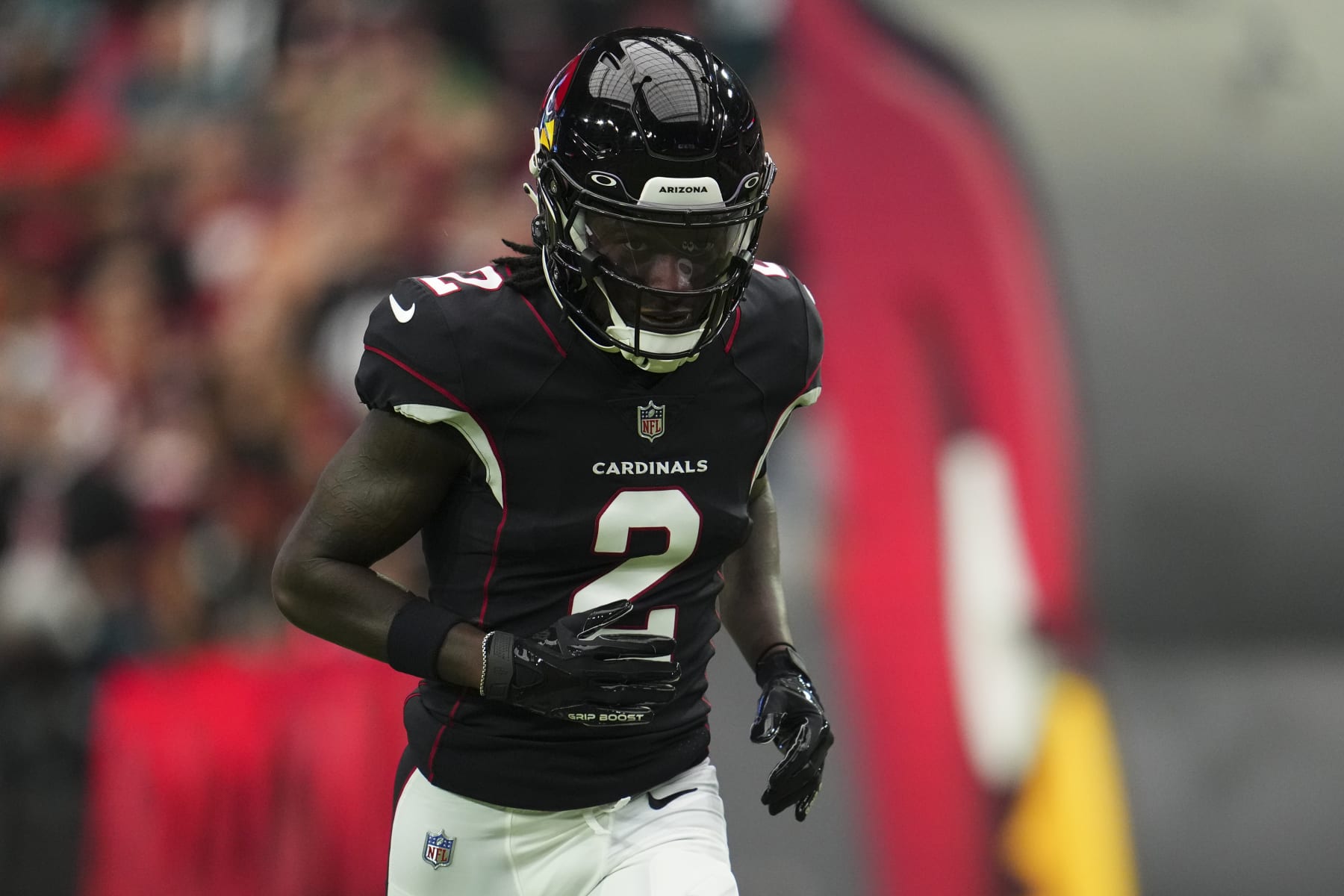 GLENDALE, AZ - OCTOBER 09: Marquise Brown #2 of the Arizona Cardinals runs out during introductions against the Philadelphia Eagles at State Farm Stadium on October 9, 2022 in Glendale, Arizona. (Photo by Cooper Neill/Getty Images)