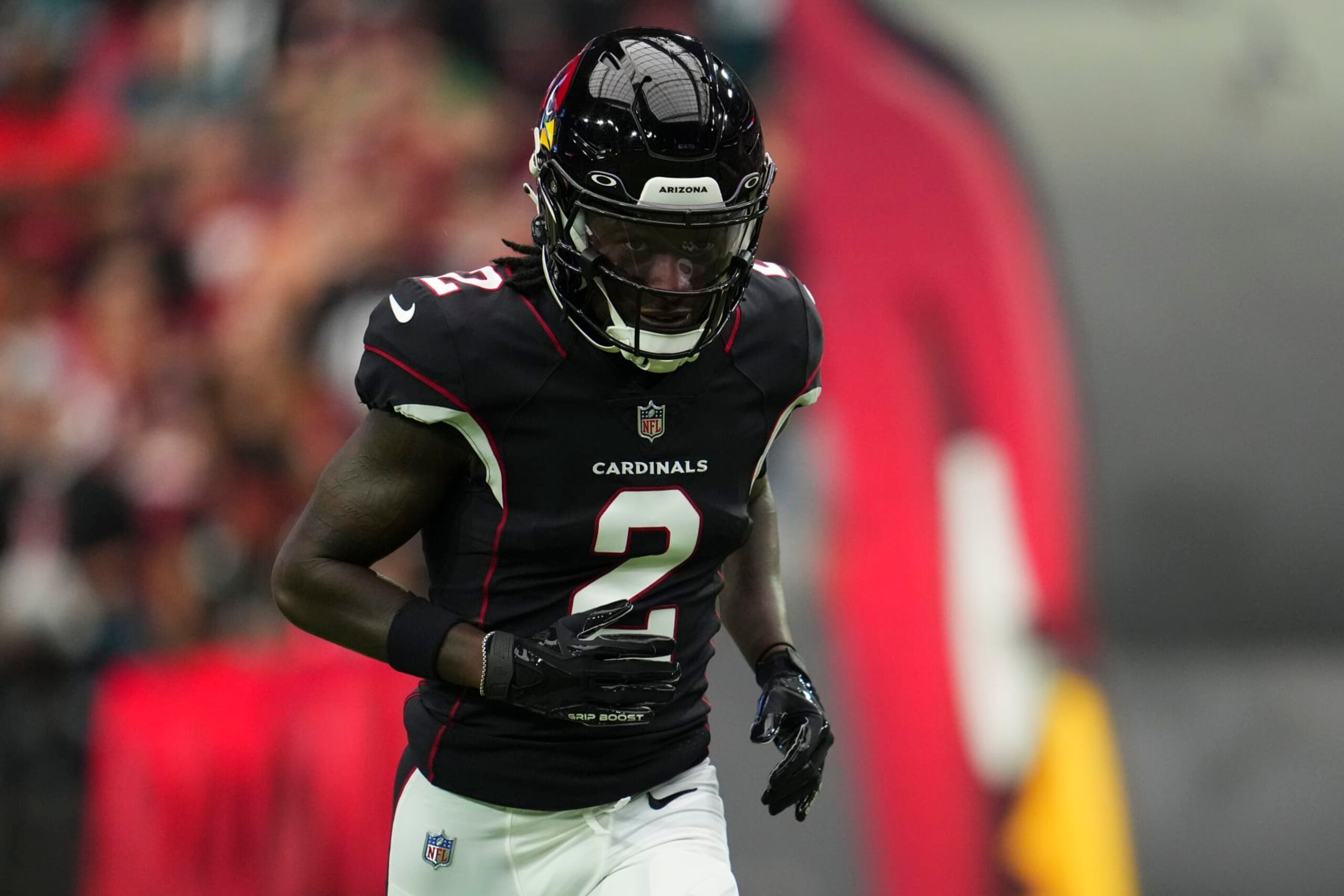 GLENDALE, AZ - OCTOBER 09: Marquise Brown #2 of the Arizona Cardinals runs out during introductions against the Philadelphia Eagles at State Farm Stadium on October 9, 2022 in Glendale, Arizona. (Photo by Cooper Neill/Getty Images)