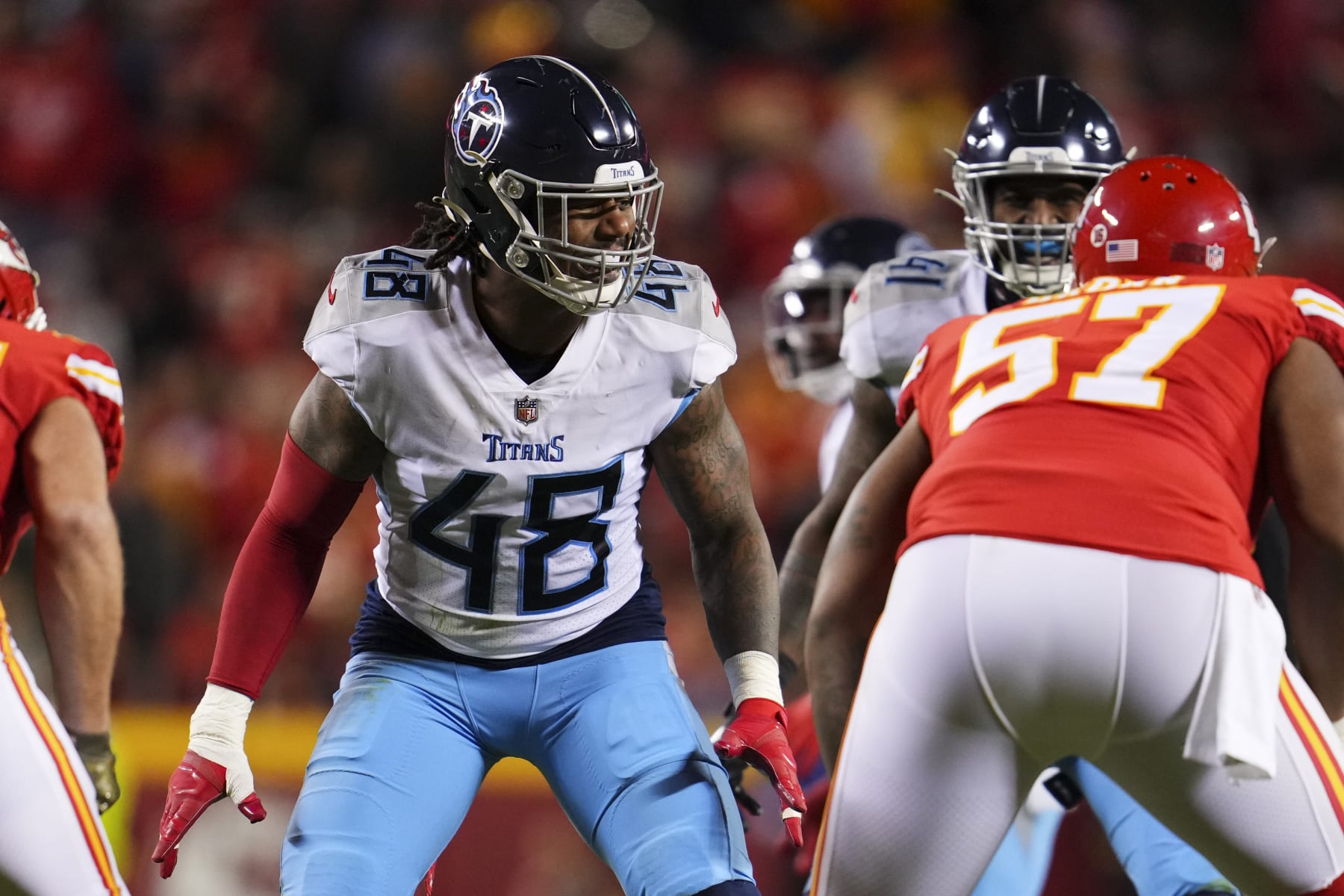 KANSAS CITY, MO - NOVEMBER 06: Bud Dupree #48 of the Tennessee Titans gets set against the Kansas City Chiefs at GEHA Field at Arrowhead Stadium on November 6, 2022 in Kansas City, Missouri. (Photo by Cooper Neill/Getty Images)