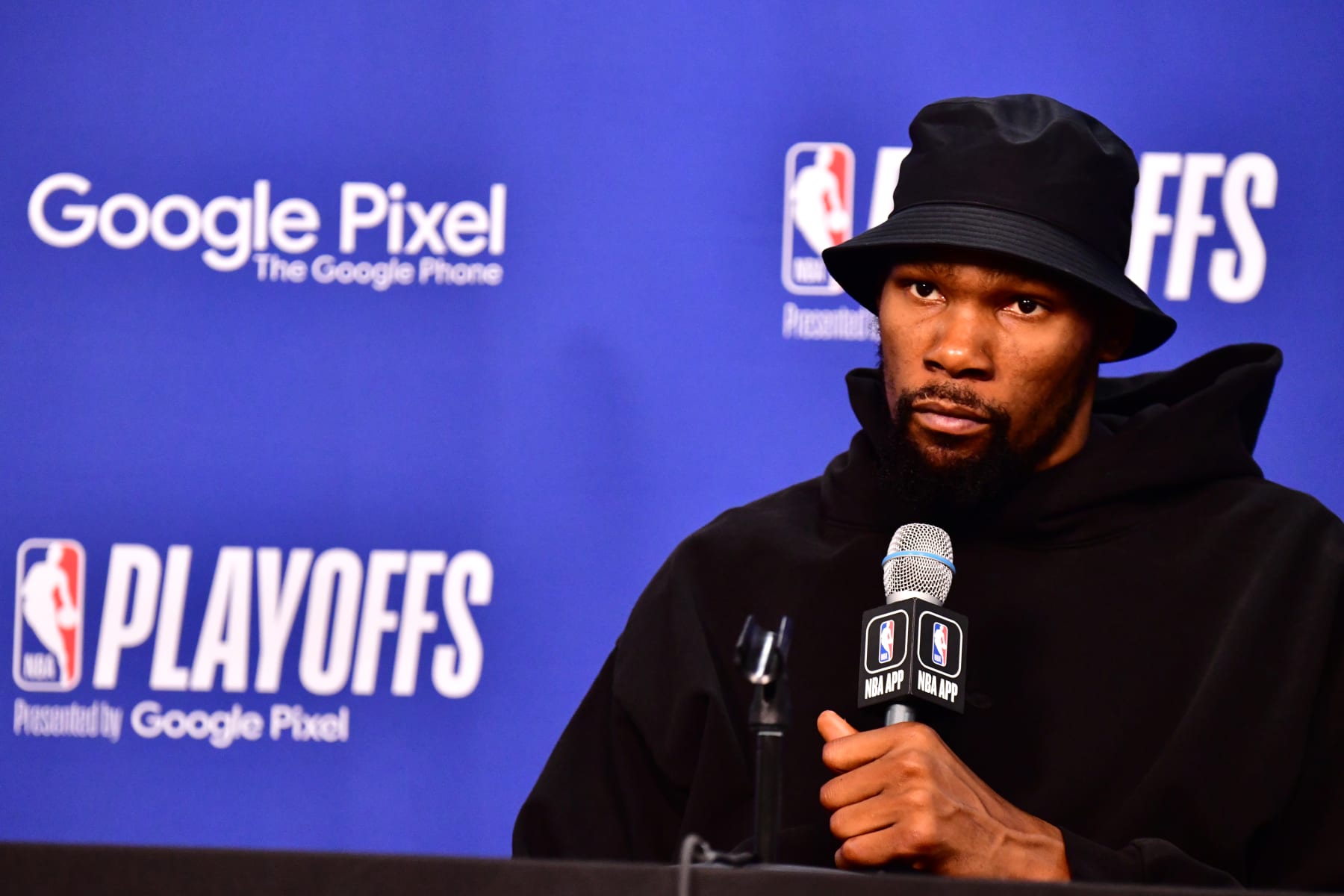 PHOENIX, AZ - MAY 11: Kevin Durant #35 of the Phoenix Suns talks to the media after Game 6 of the 2023 NBA Playoffs Western Conference semi-finals on May 11, 2023 at Footprint Center in Phoenix, Arizona. NOTE TO USER: User expressly acknowledges and agrees that, by downloading and or using this photograph, user is consenting to the terms and conditions of the Getty Images License Agreement. Mandatory Copyright Notice: Copyright 2023 NBAE (Photo by Barry Gossage/NBAE via Getty Images)