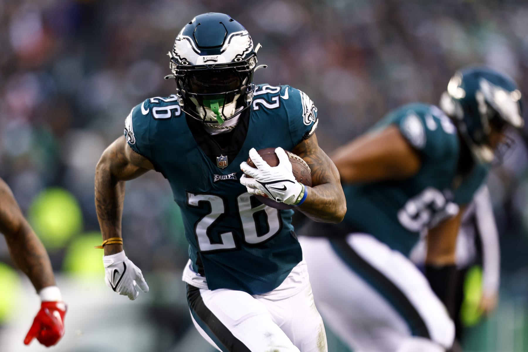 PHILADELPHIA, PA - JANUARY 29: Miles Sanders #26 of the Philadelphia Eagles carries the ball during the NFC Championship NFL football game against the San Francisco 49ers at Lincoln Financial Field on January 29, 2023 in Philadelphia, Pennsylvania. (Photo by Kevin Sabitus/Getty Images)