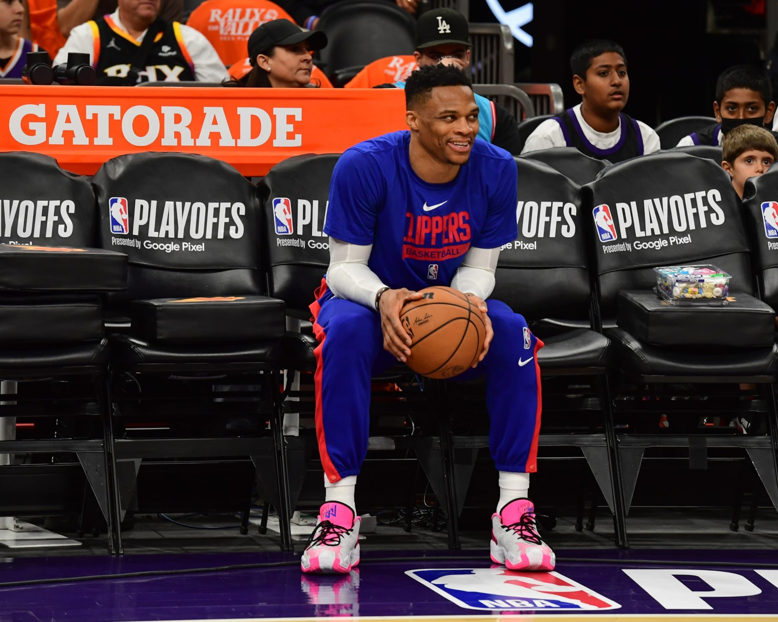 PHOENIX, AZ - APRIL 25:  Russell Westbrook #0 of the LA Clippers sits courtside before the game during round one game five of the 2023 NBA Playoffs on on April 25, 2023 at Footprint Center in Phoenix, Arizona. NOTE TO USER: User expressly acknowledges and agrees that, by downloading and or using this photograph, user is consenting to the terms and conditions of the Getty Images License Agreement. Mandatory Copyright Notice: Copyright 2023 NBAE (Photo by Kate Frese/NBAE via Getty Images)