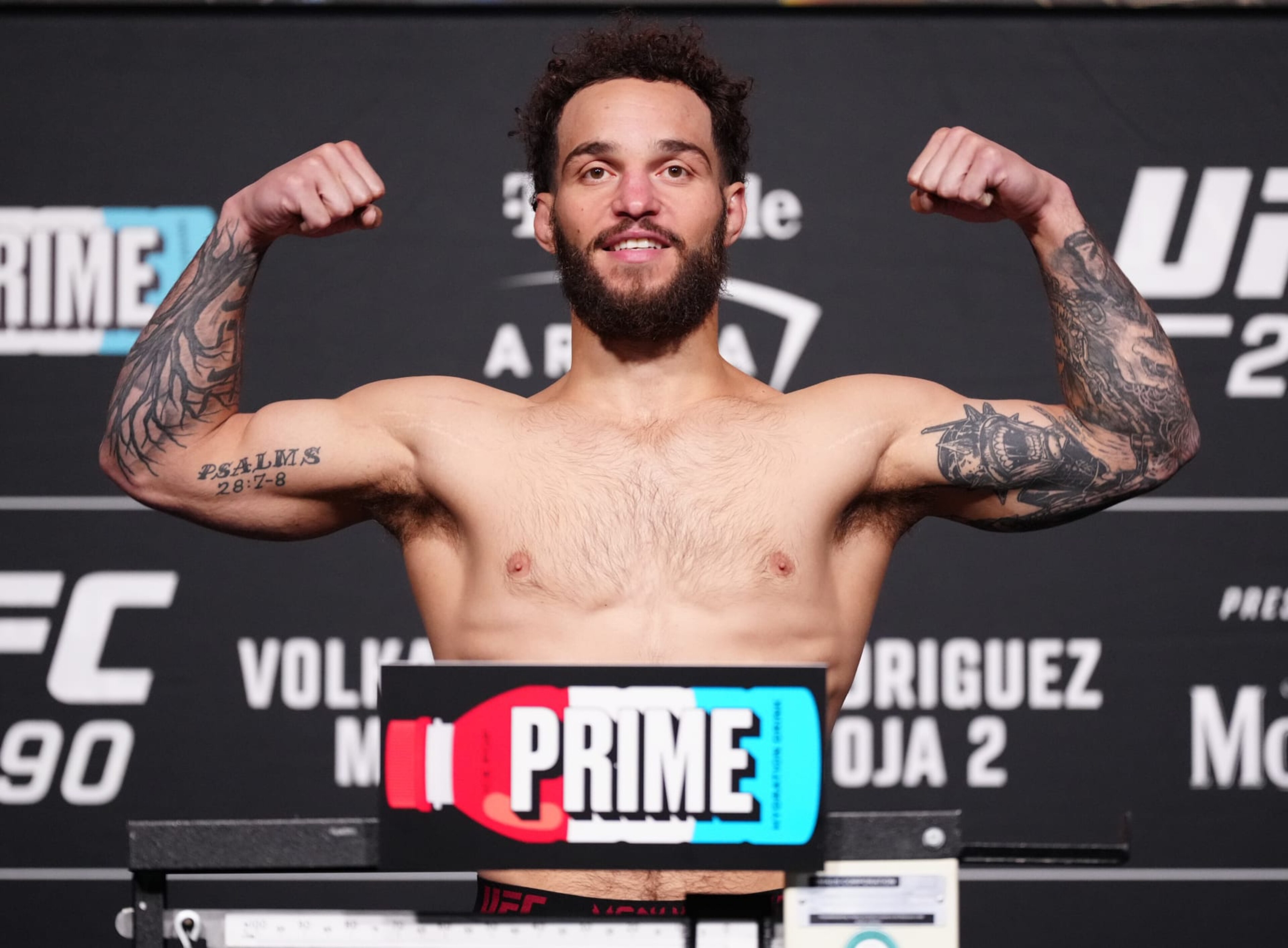 LAS VEGAS, NEVADA - JULY 07: Josiah Harrell poses on the scale during the UFC 290 official weigh-in at UFC APEX on July 07, 2023 in Las Vegas, Nevada. (Photo by Jeff Bottari/Zuffa LLC via Getty Images)