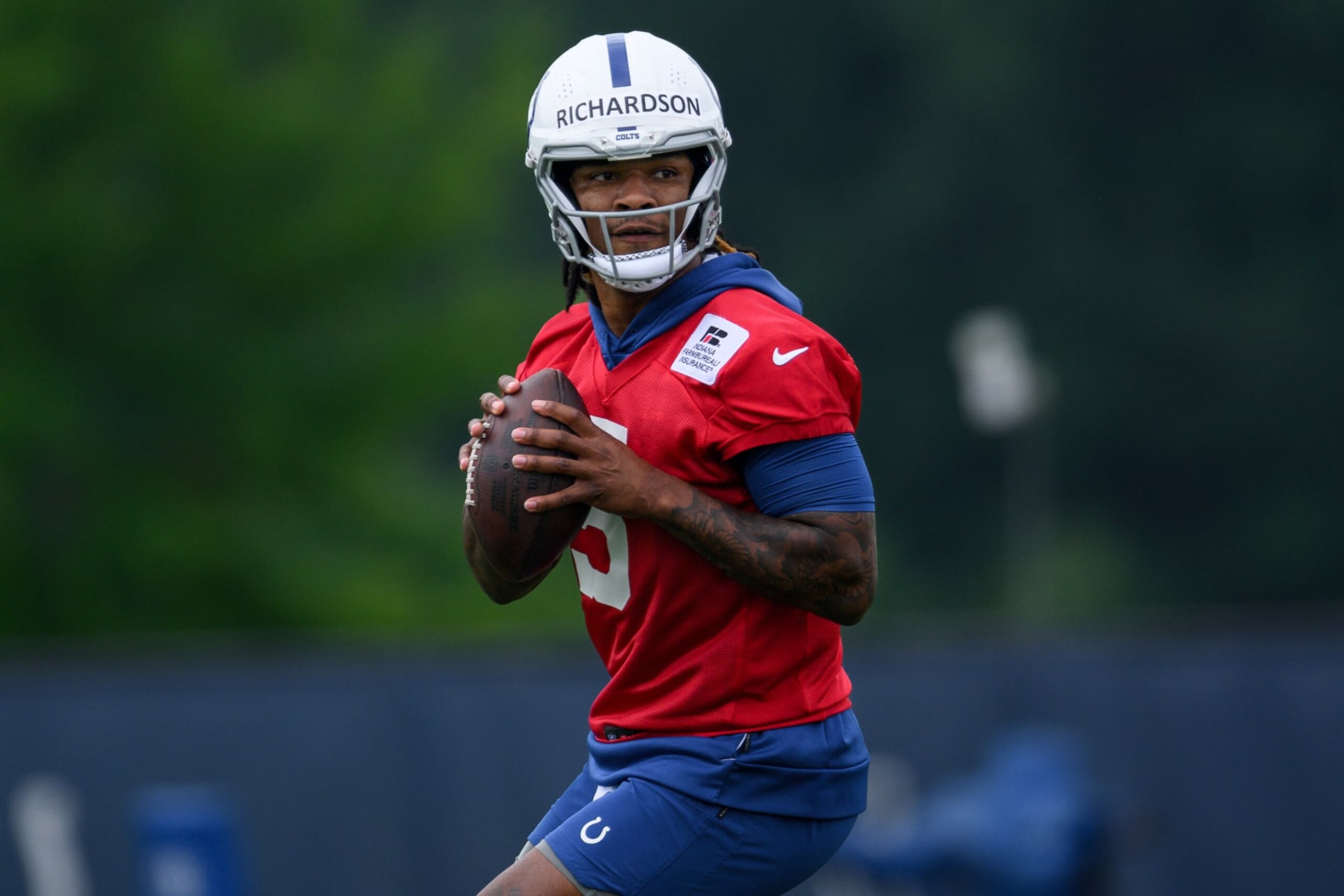 INDIANAPOLIS, IN - JUNE 14: Indianapolis Colts quarterback Anthony Richardson (5) runs through a drill during the Indianapolis Colts Minicamp on June 14, 2023 at the Indiana Farm Bureau Football Center in Indianapolis, IN. (Photo by Zach Bolinger/Icon Sportswire via Getty Images)