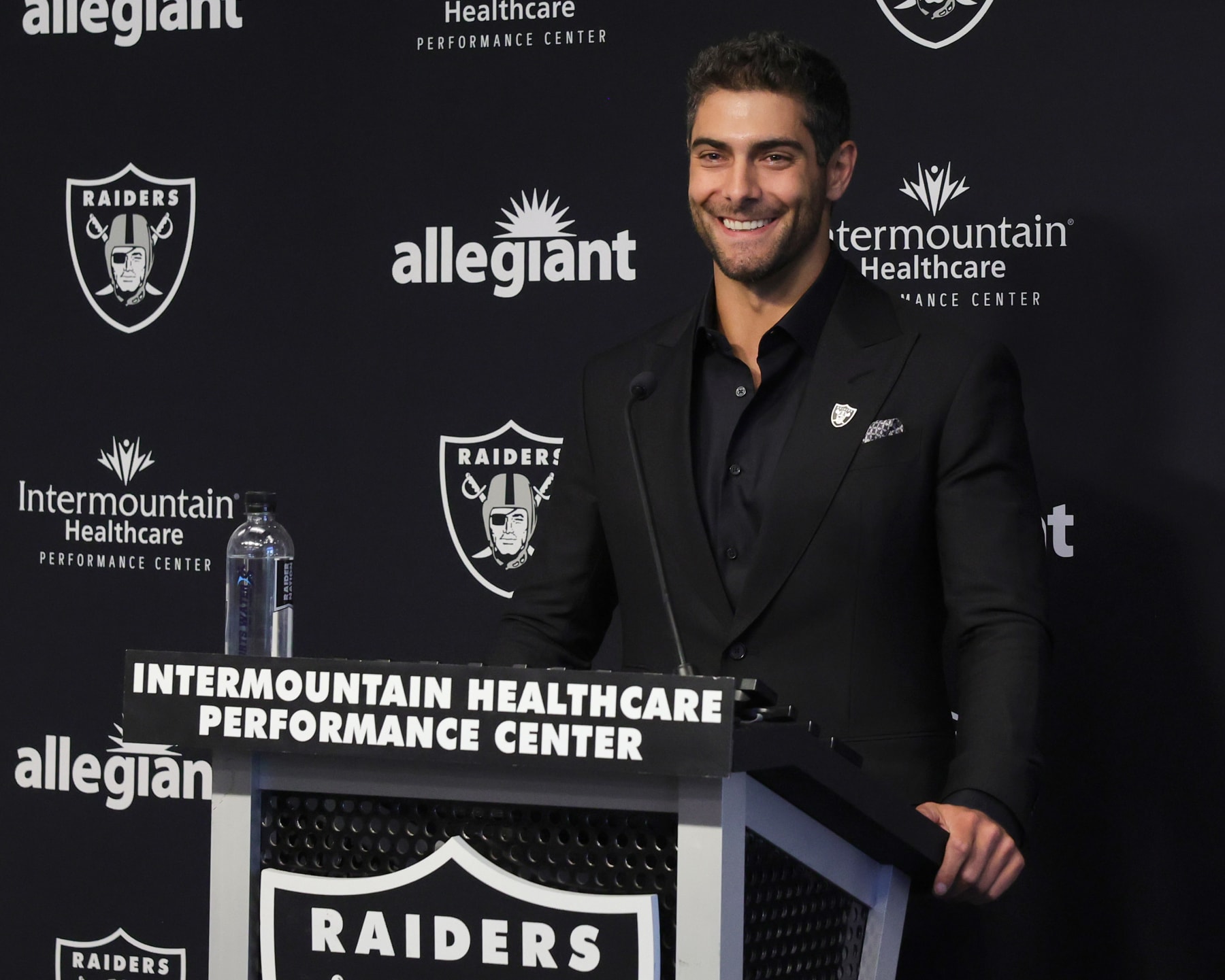 HENDERSON, NEVADA - MARCH 17: Quarterback Jimmy Garoppolo is introduced at the Las Vegas Raiders Headquarters/Intermountain Healthcare Performance Center on March 17, 2023 in Henderson, Nevada. (Photo by Ethan Miller/Getty Images)