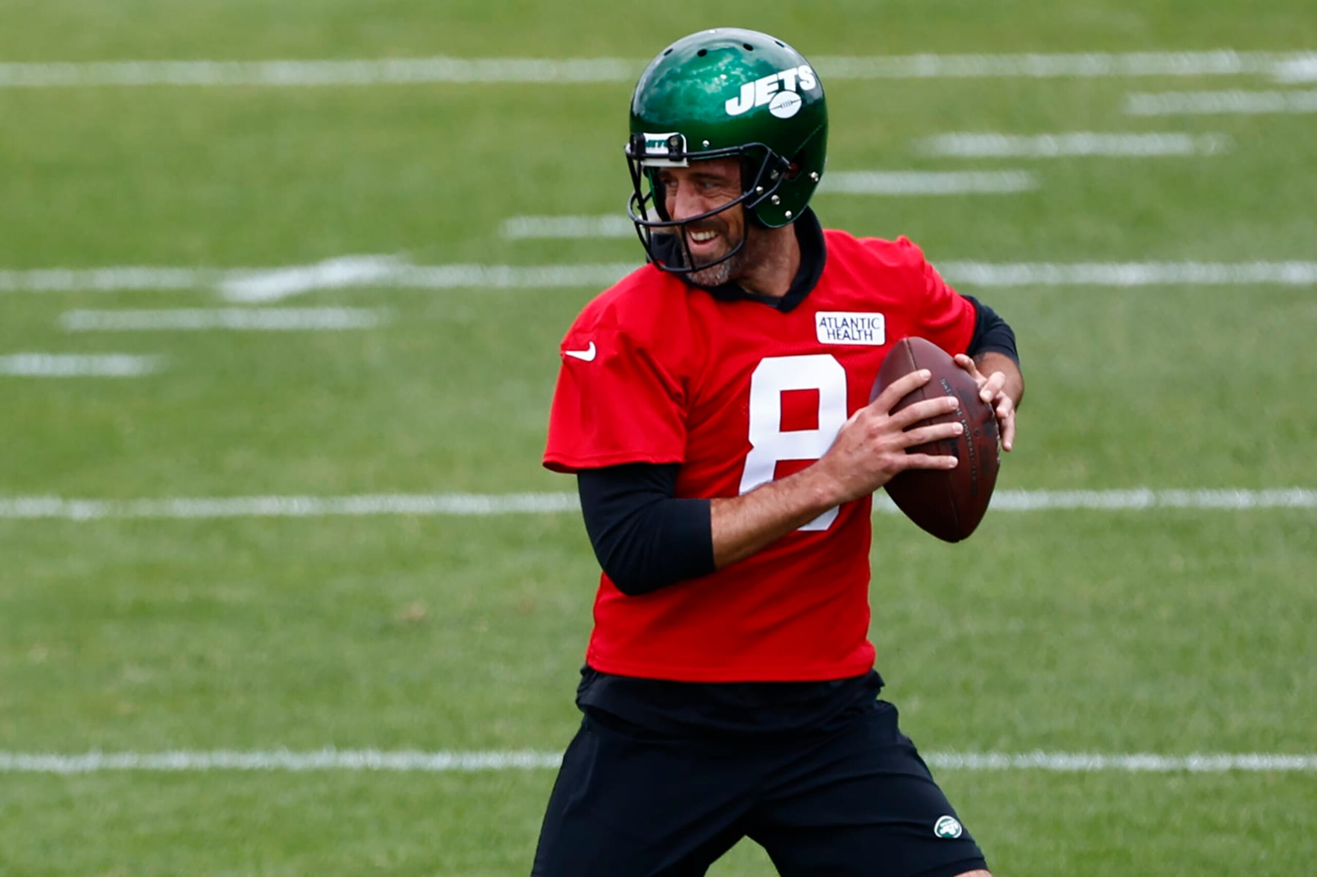 FLORHAM PARK, NEW JERSEY - JUNE 9: Quarterback Aaron Rodgers #8 of the New York Jets during the teams OTAs at Atlantic Health Jets Training Center on June 9, 2023 in Florham Park, New Jersey. (Photo by Rich Schultz/Getty Images)