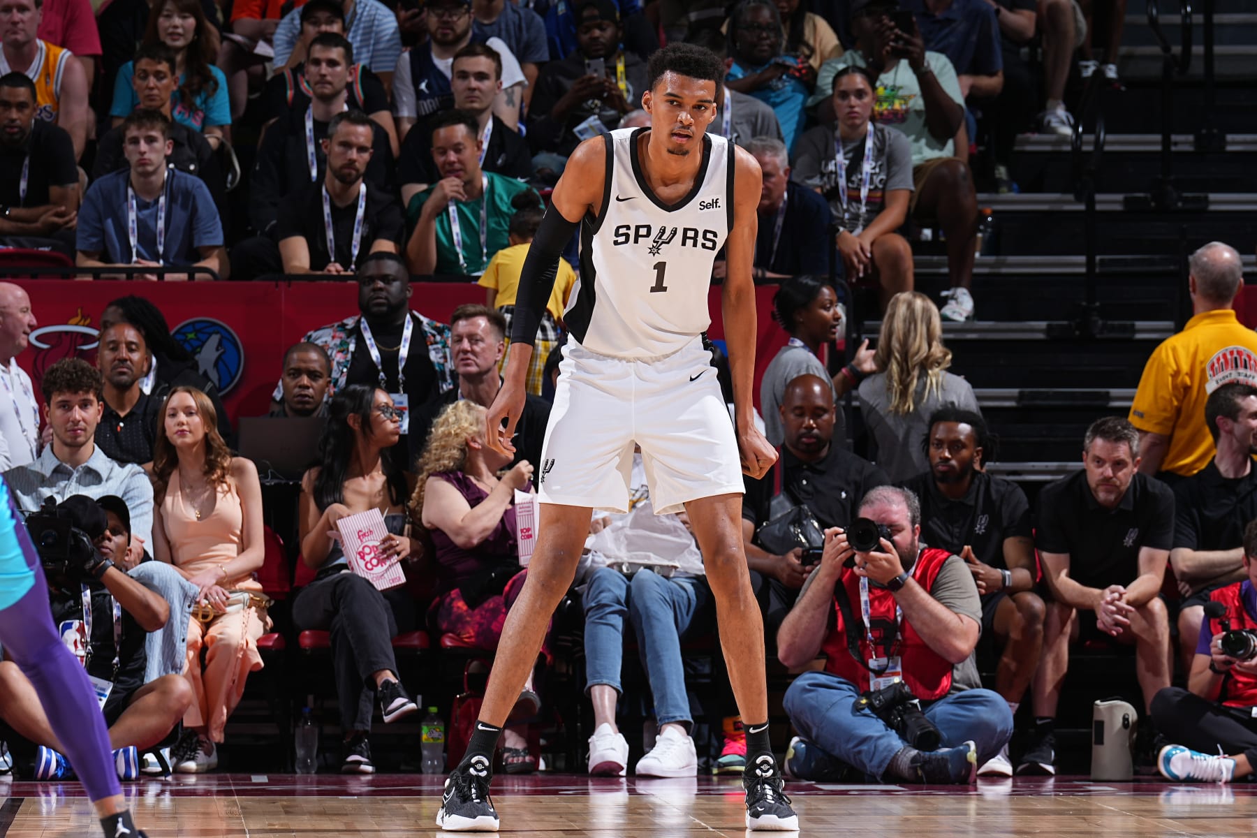 LAS VEGAS, NV - JULY 7: Victor Wembanyama #1 of the San Antonio Spurs looks on during the 2023 NBA Las Vegas Summer League against the Charlotte Hornets on July 7, 2023 at the Thomas & Mack Center in Las Vegas, Nevada. NOTE TO USER: User expressly acknowledges and agrees that, by downloading and or using this photograph, User is consenting to the terms and conditions of the Getty Images License Agreement. Mandatory Copyright Notice: Copyright 2023 NBAE (Photo by Garrett Ellwood/NBAE via Getty Images)