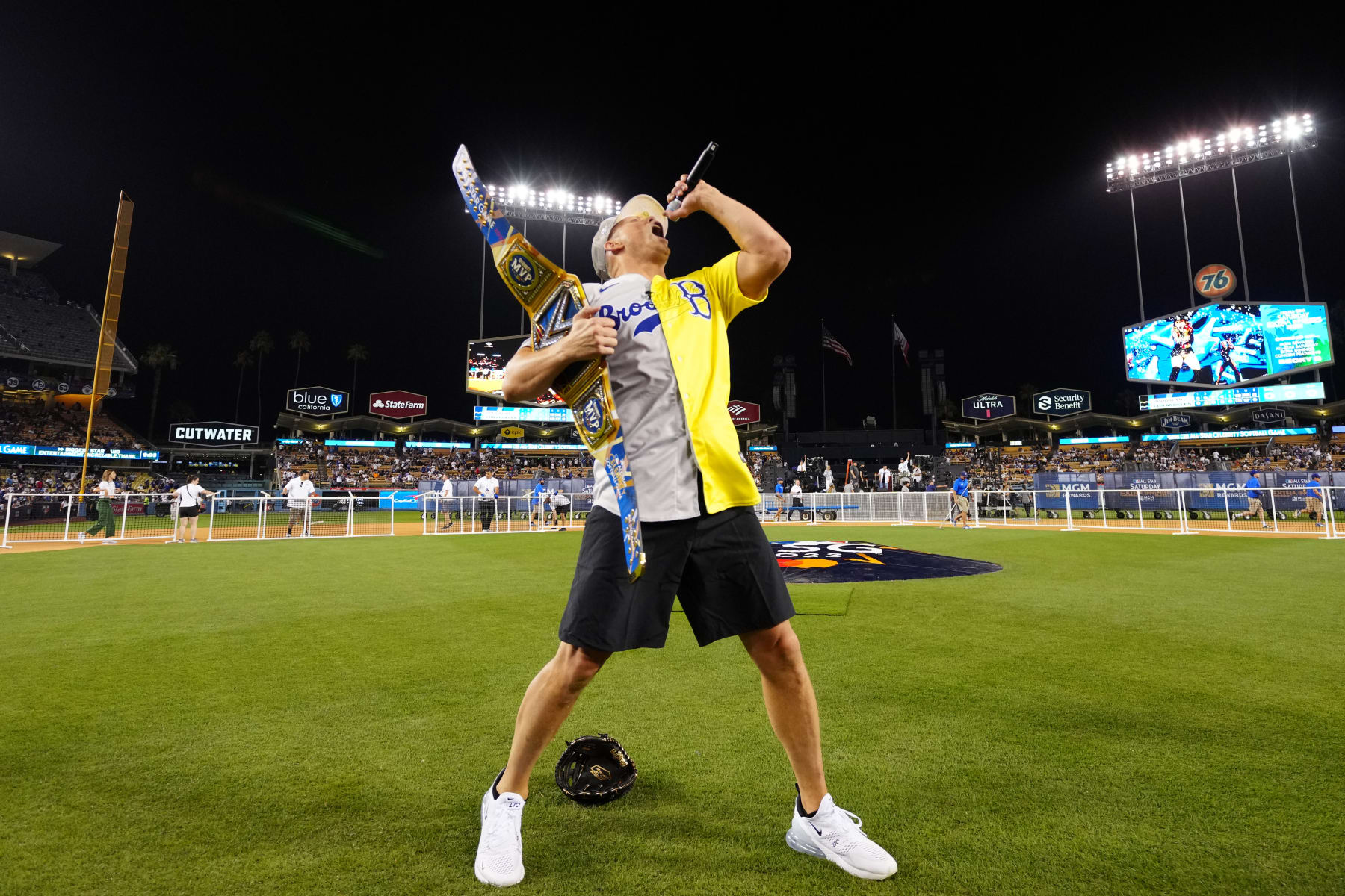 LOS ANGELES, CA - JULY 16:  The Miz celebrates after being named the MVP of the MGM All-Star Celebrity Softball Game at Dodger Stadium on Saturday, July 16, 2022 in Los Angeles, California. (Photo by Daniel Shirey/MLB Photos via Getty Images)