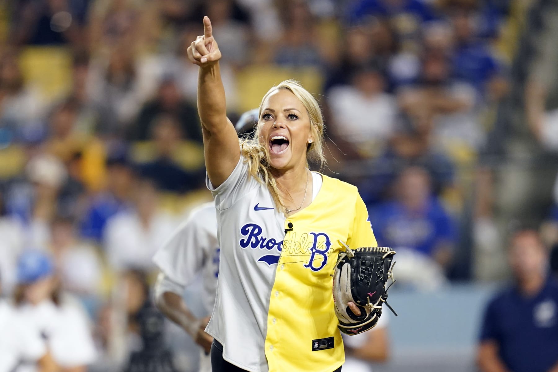 Jennie Finch celebrates during the MLB All Star Celebrity Softball game, Saturday, July 16, 2022, in Los Angeles. (AP Photo/Abbie Parr)