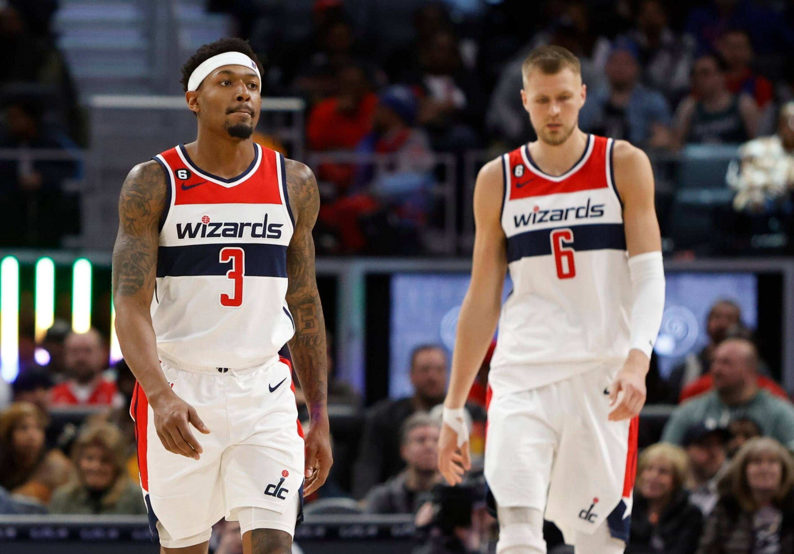 DETROIT, MI -  MARCH 7:  Bradley Beal #3 and Kristaps Porzingis #6 of the Washington Wizards during the second half of a game against the Detroit Pistons at Little Caesars Arena on March 7, 2023, in Detroit, Michigan.  NOTE TO USER: User expressly acknowledges and agrees that, by downloading and or using this photograph, User is consenting to the terms and conditions of the Getty Images License Agreement. (Photo by Duane Burleson/Getty Images)