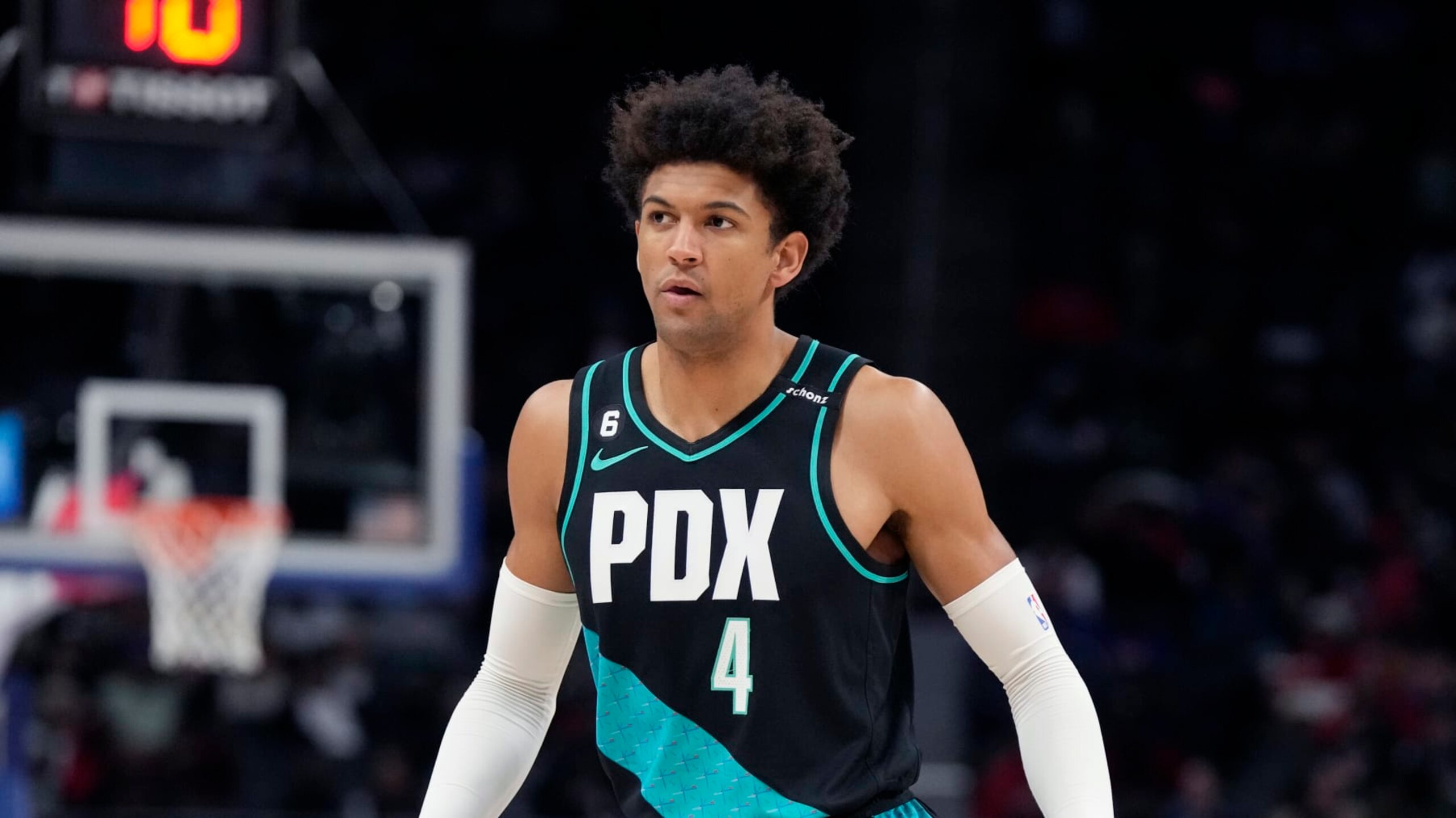 Portland Trail Blazers guard Matisse Thybulle plays during the second half of an NBA basketball game, Monday, March 6, 2023, in Detroit. (AP Photo/Carlos Osorio)