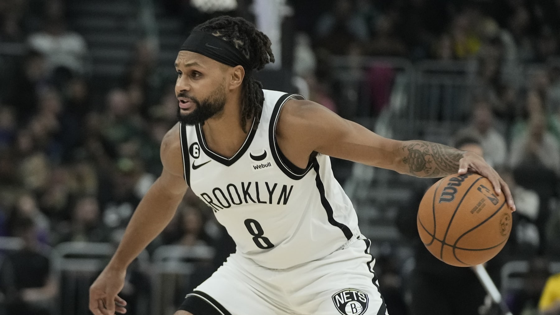 Brooklyn Nets' Patty Mills during the first half of an NBA basketball game against the Milwaukee Bucks Thursday, March 9, 2023, in Milwaukee. (AP Photo/Morry Gash)