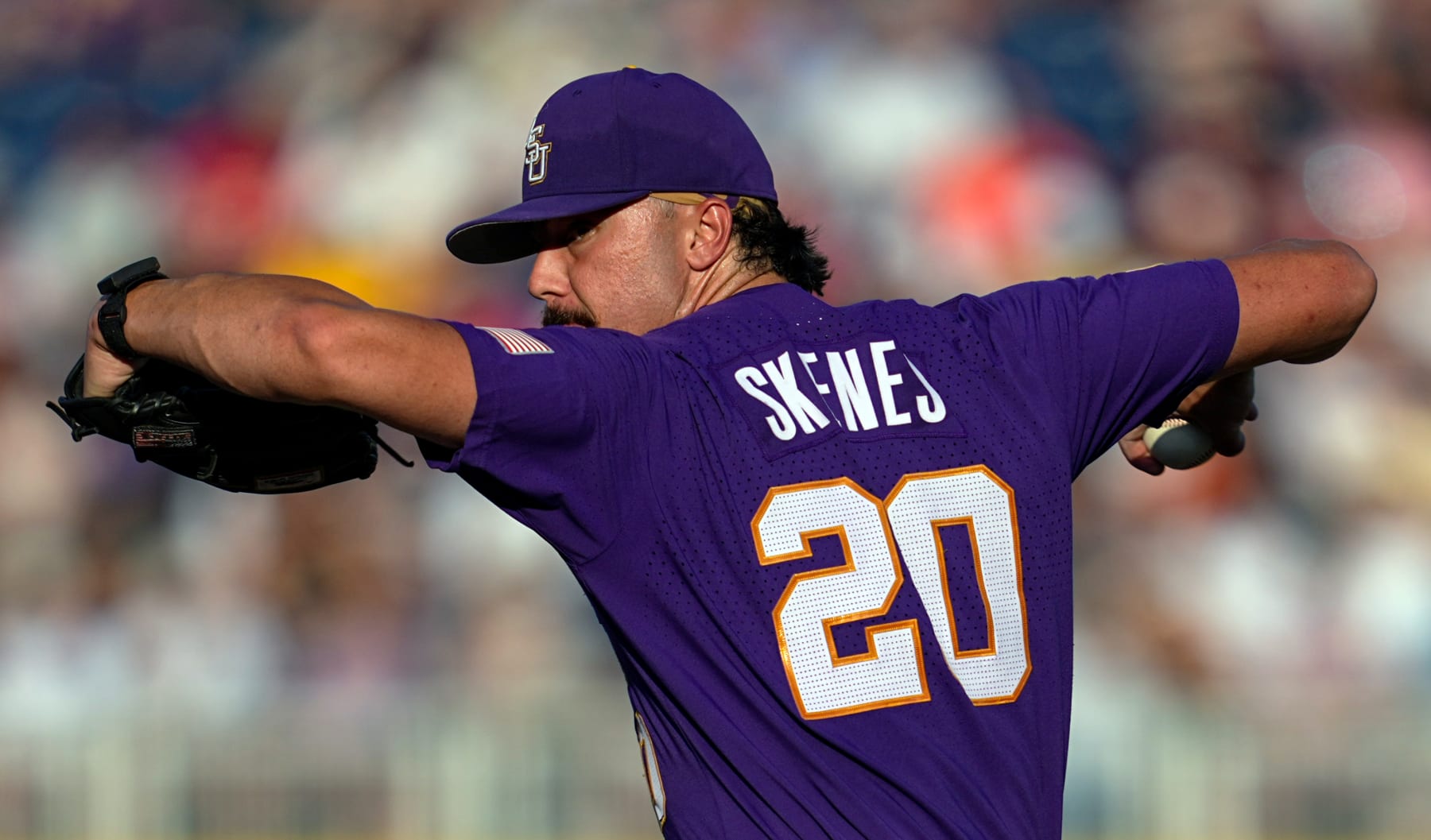 OMAHA, NEBRASKA - JUNE 22: Paul Skenes #20 of the LSU pitches during the fifth inning against the Wake Forest at Charles Schwab Field on June 22, 2023 in Omaha, Nebraska. (Photo by Jay Biggerstaff/Getty Images)