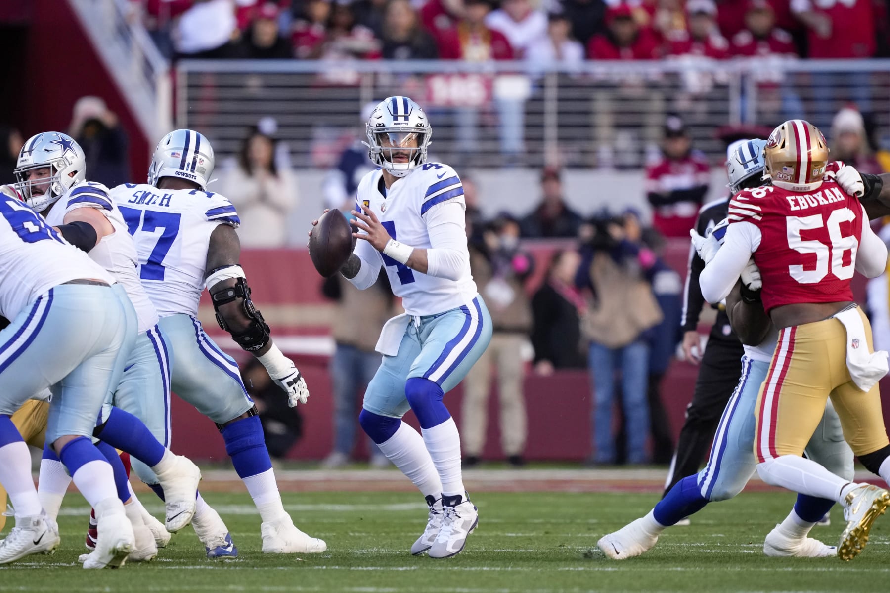 SANTA CLARA, CALIFORNIA - JANUARY 22: Dak Prescott #4 of the Dallas Cowboys looks to a pass against the San Francisco 49ers during the first quarter in the NFC Divisional Playoff game at Levi's Stadium on January 22, 2023 in Santa Clara, California. (Photo by Thearon W. Henderson/Getty Images)
