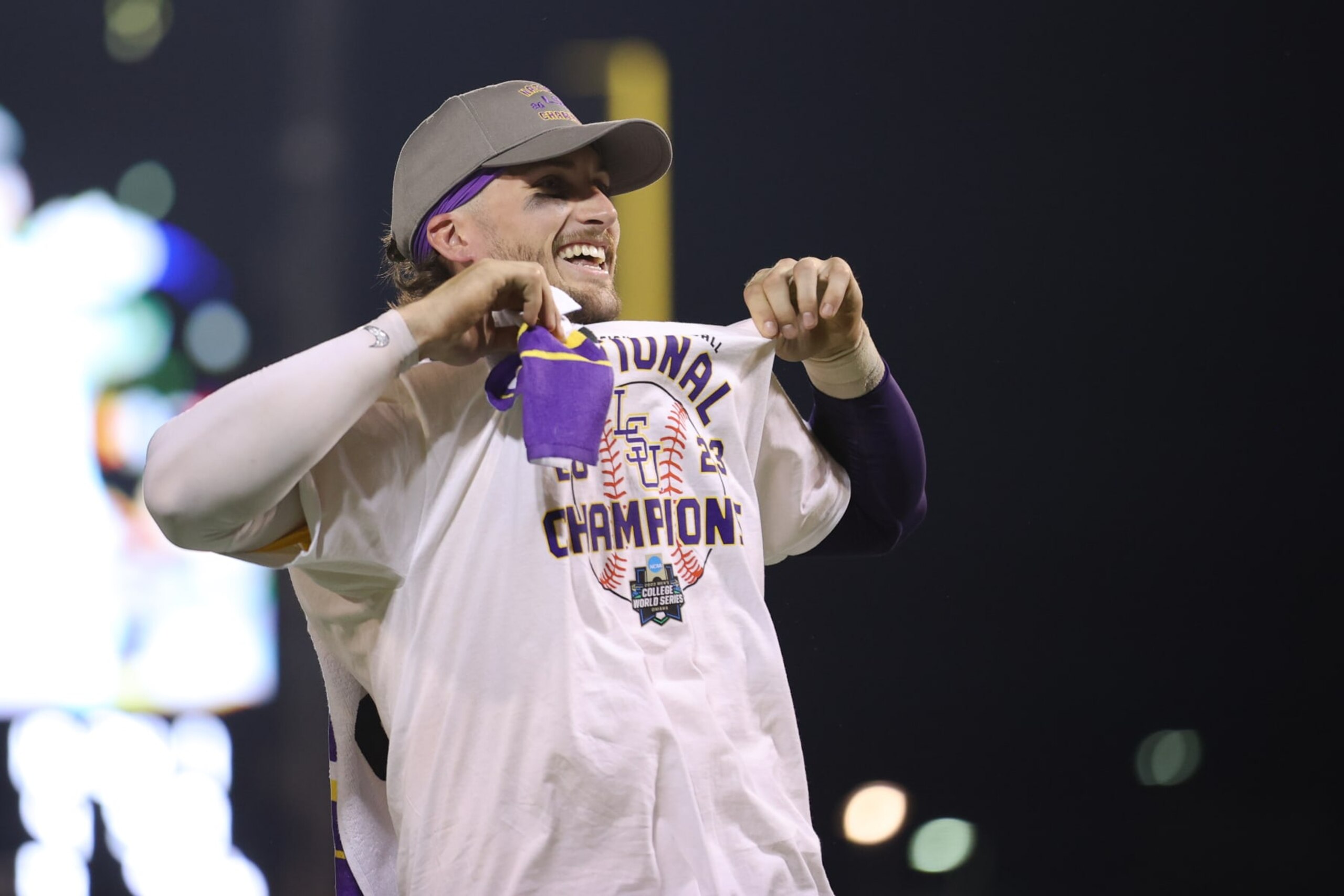 OMAHA, NE - JUNE 26: Dylan Crews #3 of the LSU Tigers celebrates after defeating the Florida Gators to win the Division I Men's Baseball Championship held at Charles Schwab Field on June 26, 2023 in Omaha, Nebraska. (Photo by Tyler Schank/NCAA Photos via Getty Images)