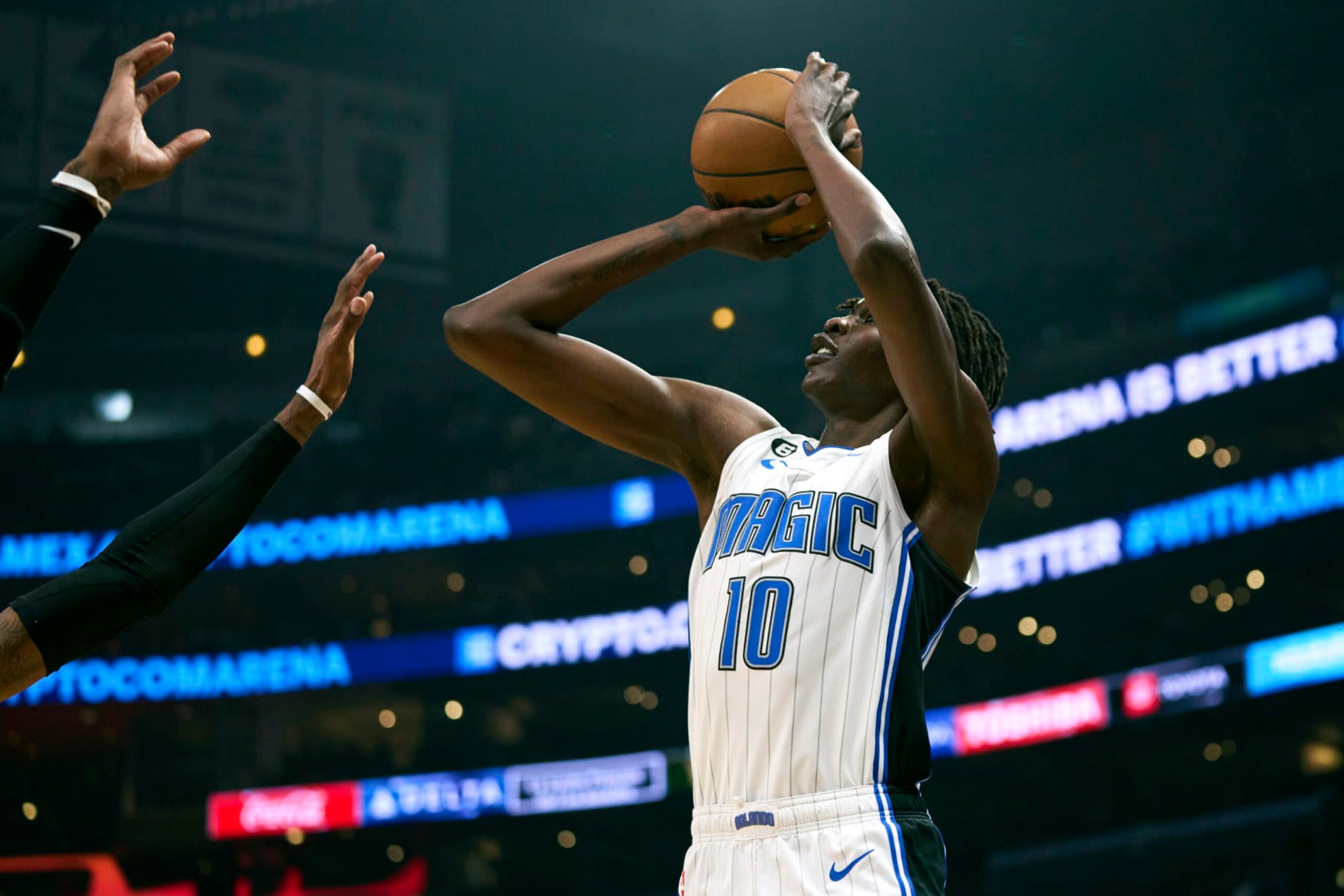 Orlando Magic center Bol Bol (10) shoots the ball against the Los Angeles Clippers during the first half of an NBA basketball game Saturday, March 18, 2023, in Los Angeles. (AP Photo/Allison Dinner)