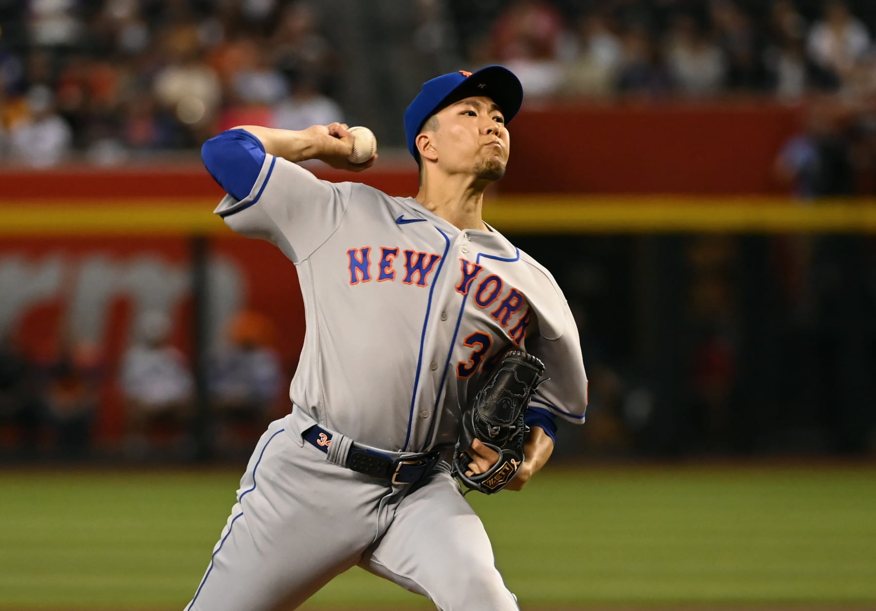 PHOENIX, ARIZONA - JULY 05: Kodai Senga #34 of the New York Mets delivers a first inning pitch against the Arizona Diamondbacks at Chase Field on July 05, 2023 in Phoenix, Arizona. (Photo by Norm Hall/Getty Images)