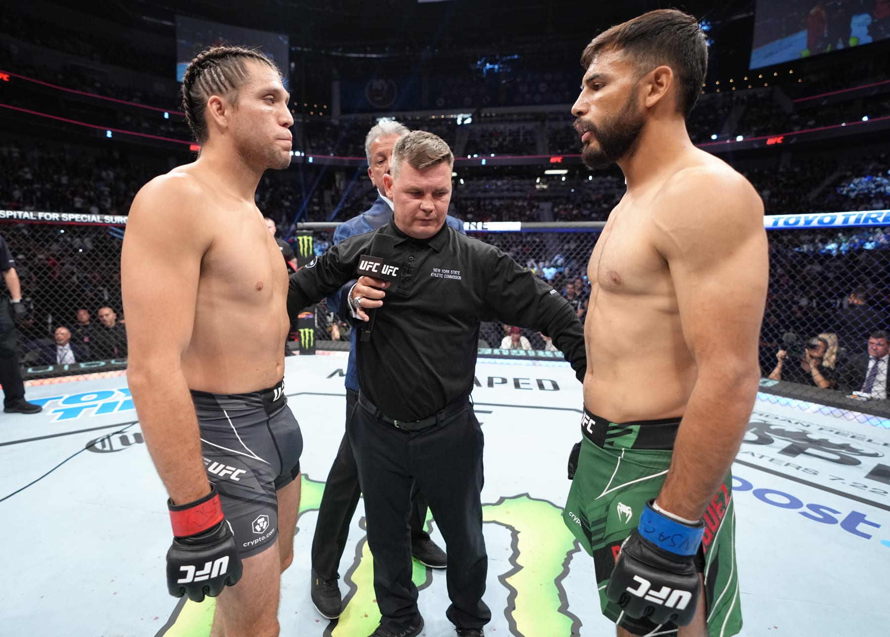 ELMONT, NEW YORK - JULY 16: (L-R) Opponents Brian Ortega and Yair Rodriguez of Mexico face off prior to their featherweight fight during the UFC Fight Night event at UBS Arena on July 16, 2022 in Elmont, New York. (Photo by Jeff Bottari/Zuffa LLC)