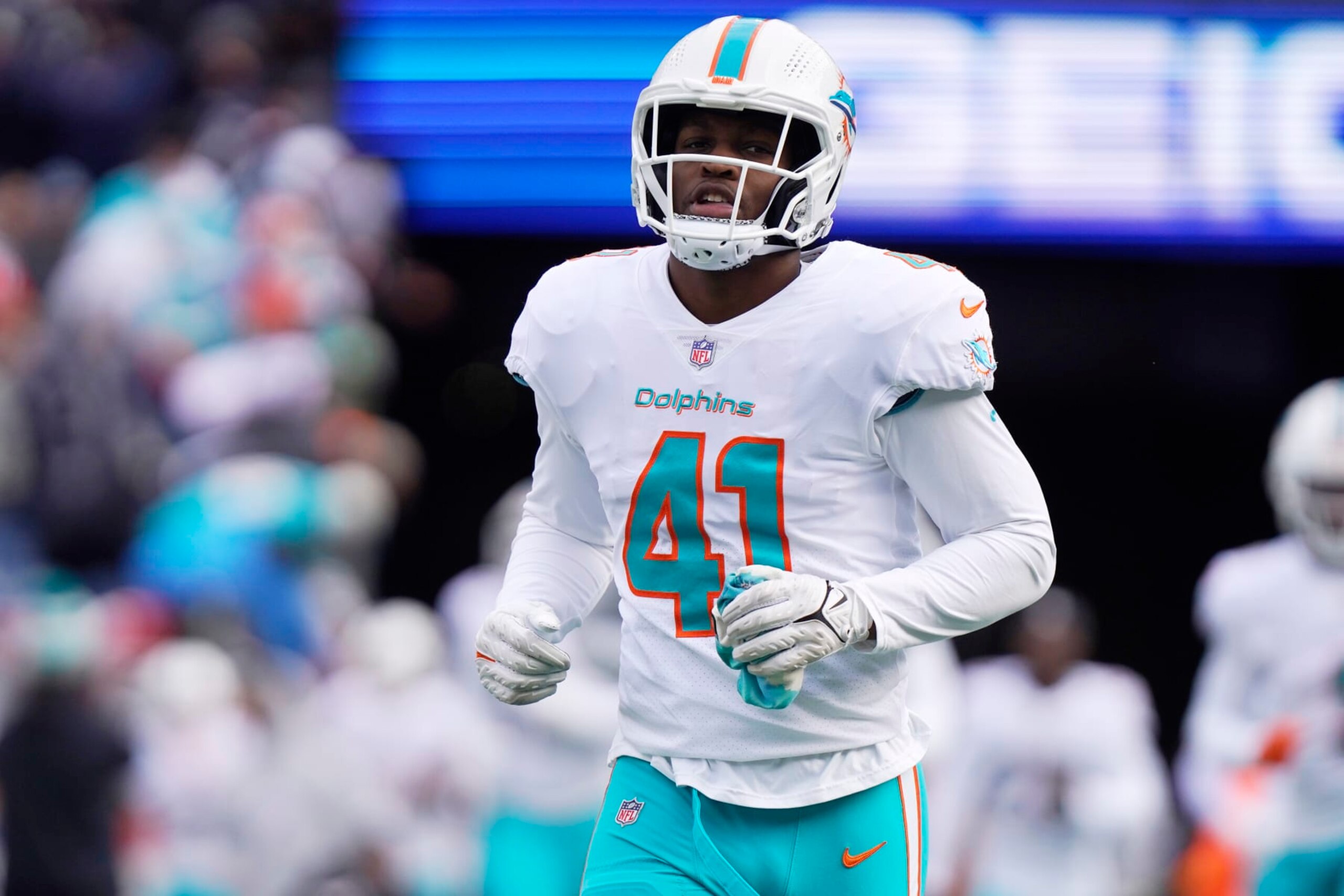 Miami Dolphins linebacker Channing Tindall (41) prior to an NFL football game, Sunday, Jan. 1, 2023, in Foxborough, Mass. (AP Photo/Steven Senne)