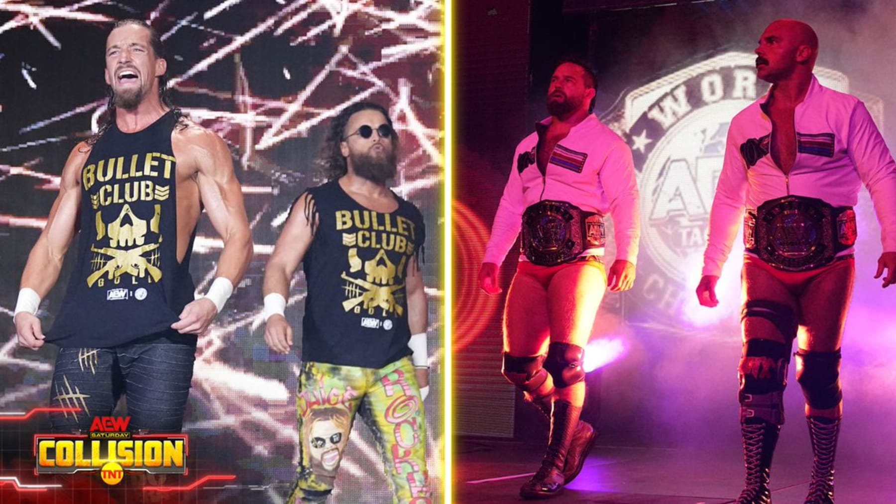 Jay White, Juice Robinson and FTR. Jay White, Juice Robinson and FTR.