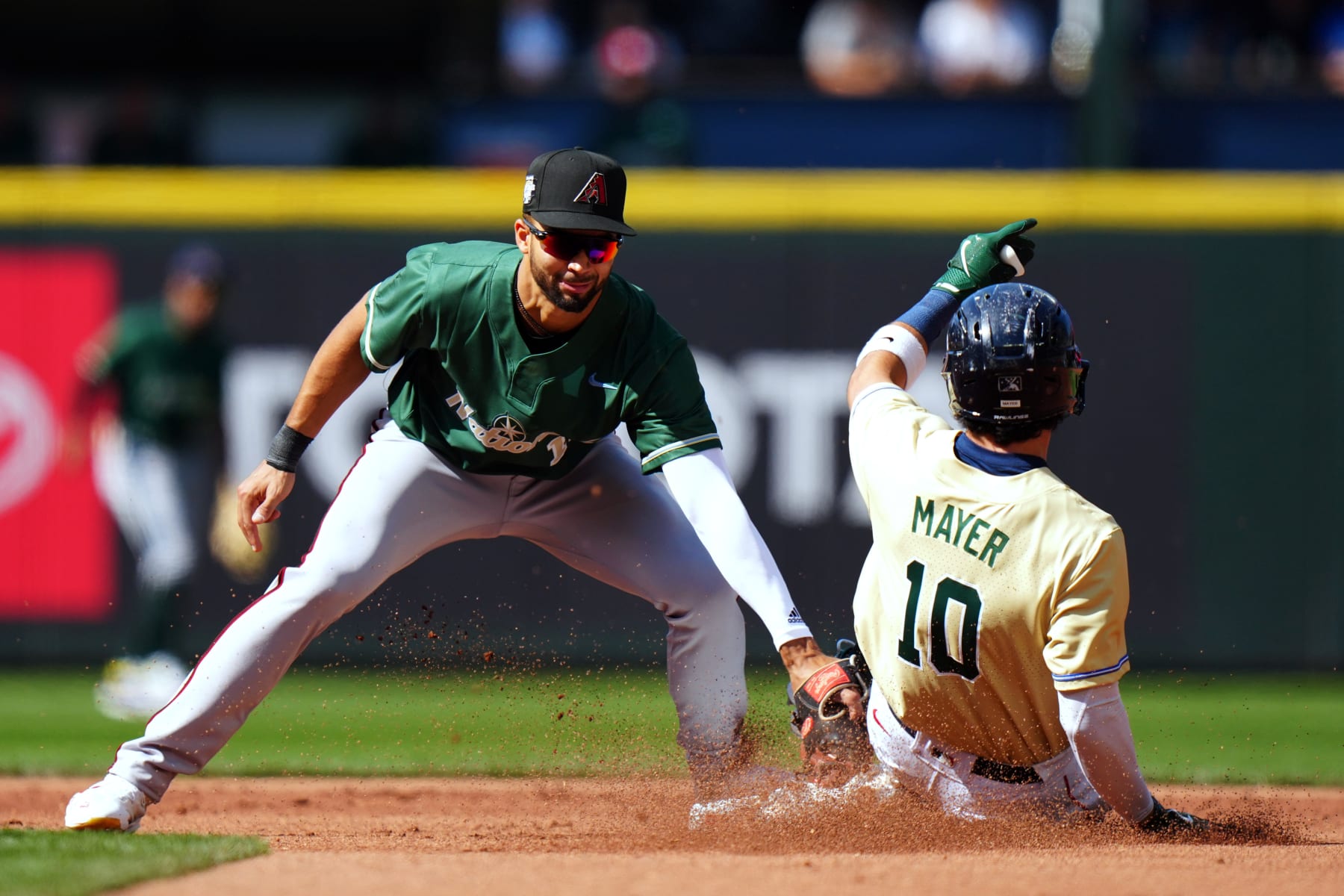 SEATTLE, WA - JULY 08:  Marcelo Mayer #10 of the Boston Red Sox steals second base as Jordan Lawlar #11 of the Arizona Diamondbacks fields the ball in the first inning during the SiriusXM All-Star Futures Game at T-Mobile Park on Saturday, July 8, 2023 in Seattle, Washington. (Photo by Daniel Shirey/MLB Photos via Getty Images)