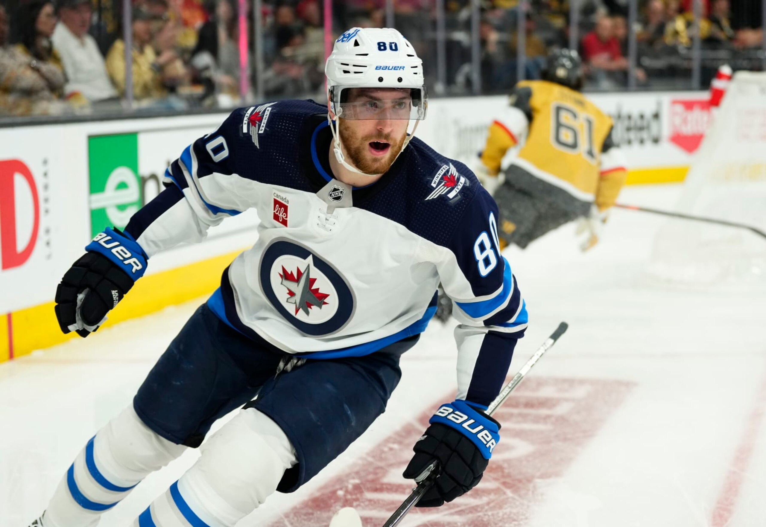 LAS VEGAS, NEVADA - APRIL 18: Pierre-Luc Dubois #80 of the Winnipeg Jets celebrates after scoring a goal during the second period against the Vegas Golden Knights in Game One of the First Round of the 2023 Stanley Cup Playoffs at T-Mobile Arena on April 18, 2023 in Las Vegas, Nevada. (Photo by Jeff Bottari/NHLI via Getty Images)