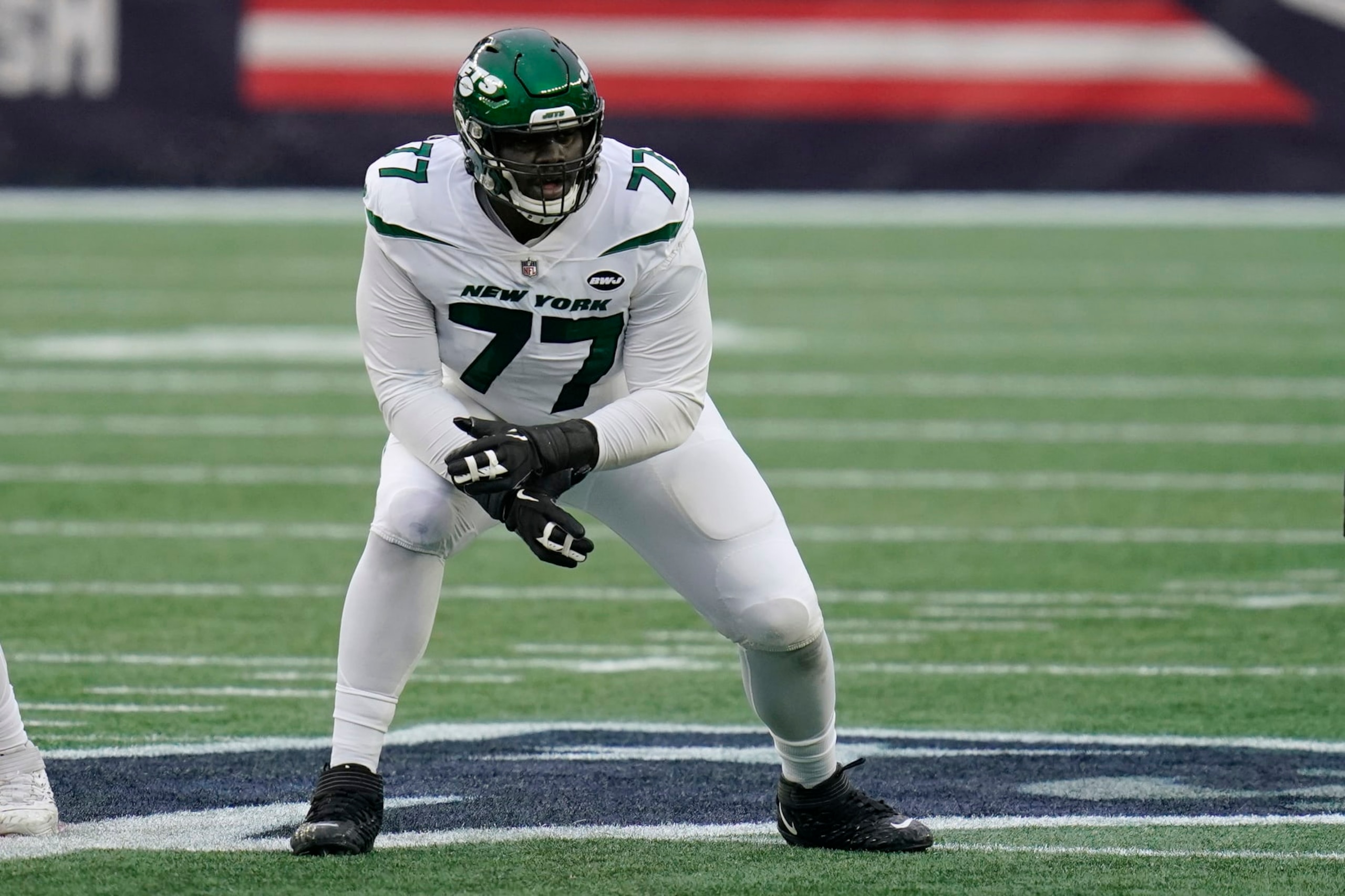 New York Jets offensive tackle Mekhi Becton protects the line in the first half of an NFL football game against the New England Patriots, Sunday, Jan. 3, 2021, in Foxborough, Mass. (AP Photo/Charles Krupa)