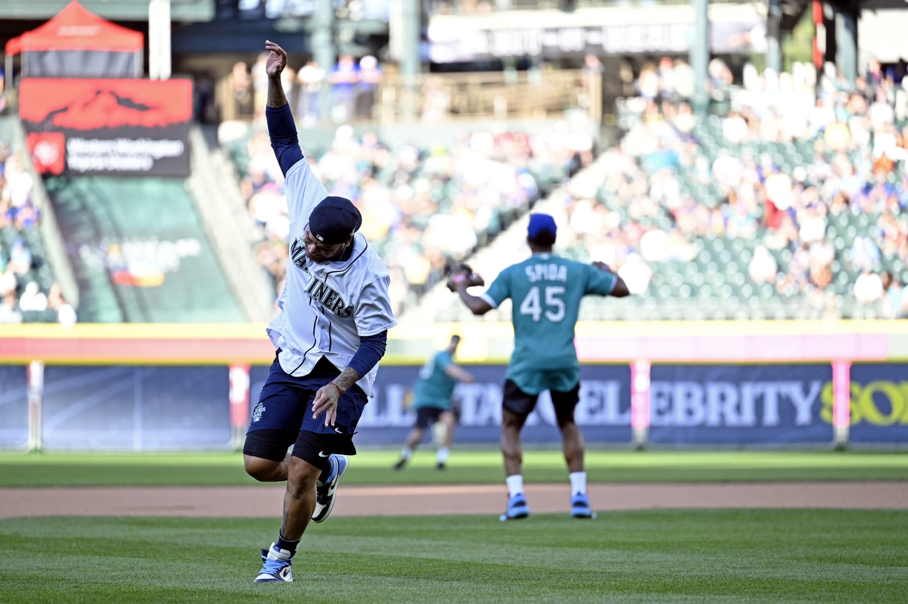 SEATTLE, WA - JULY 08:  Felix Hernandez #34 off Team Felix runs the bases during the MLB All-Star Celebrity Softball Game presented by Corona at T-Mobile Park on Saturday, July 8, 2023 in Seattle, Washington. (Photo by Cheyenne Boone/MLB Photos via Getty Images)