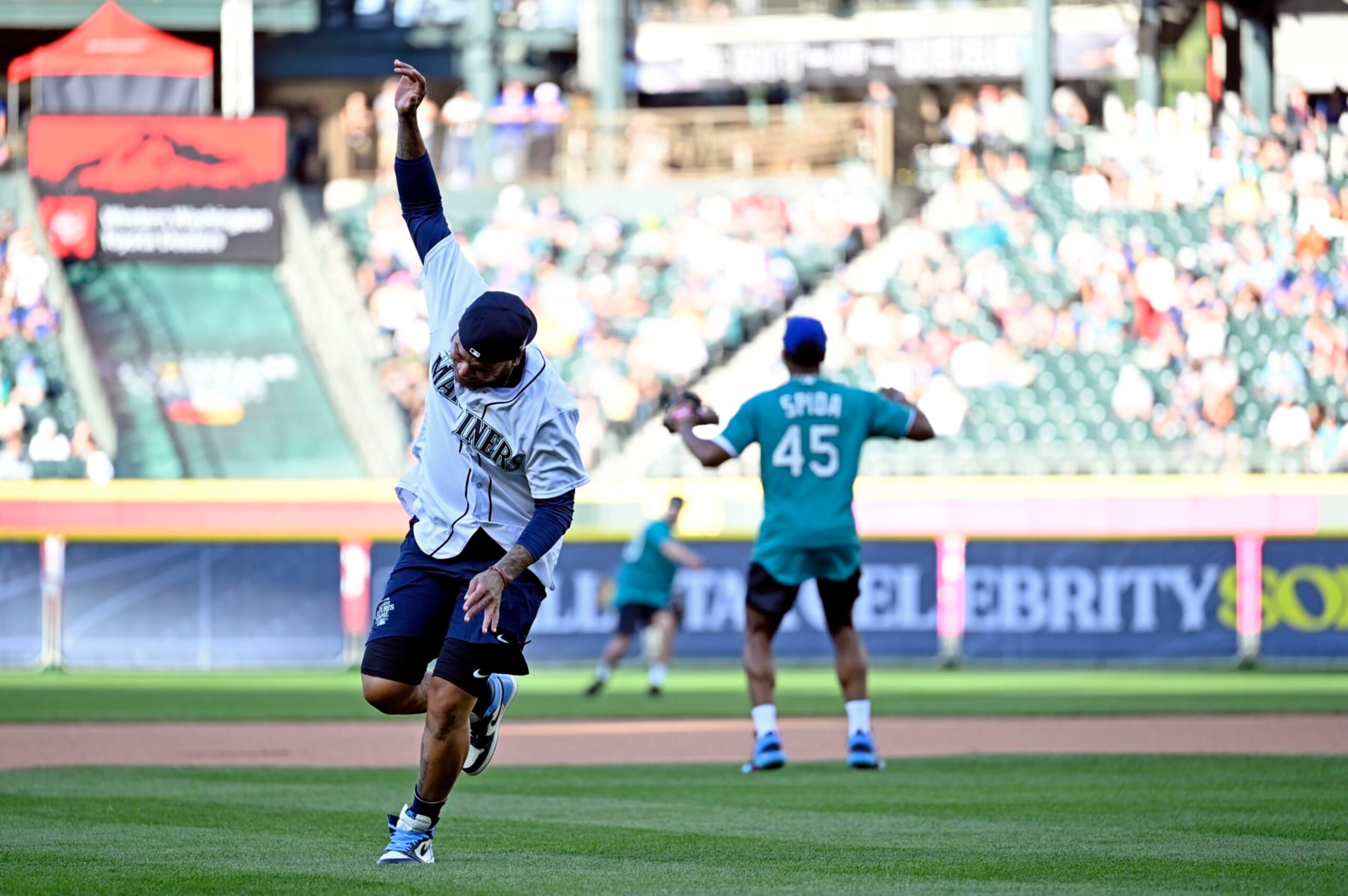 SEATTLE, WA - JULY 08:  Felix Hernandez #34 off Team Felix runs the bases during the MLB All-Star Celebrity Softball Game presented by Corona at T-Mobile Park on Saturday, July 8, 2023 in Seattle, Washington. (Photo by Cheyenne Boone/MLB Photos via Getty Images)