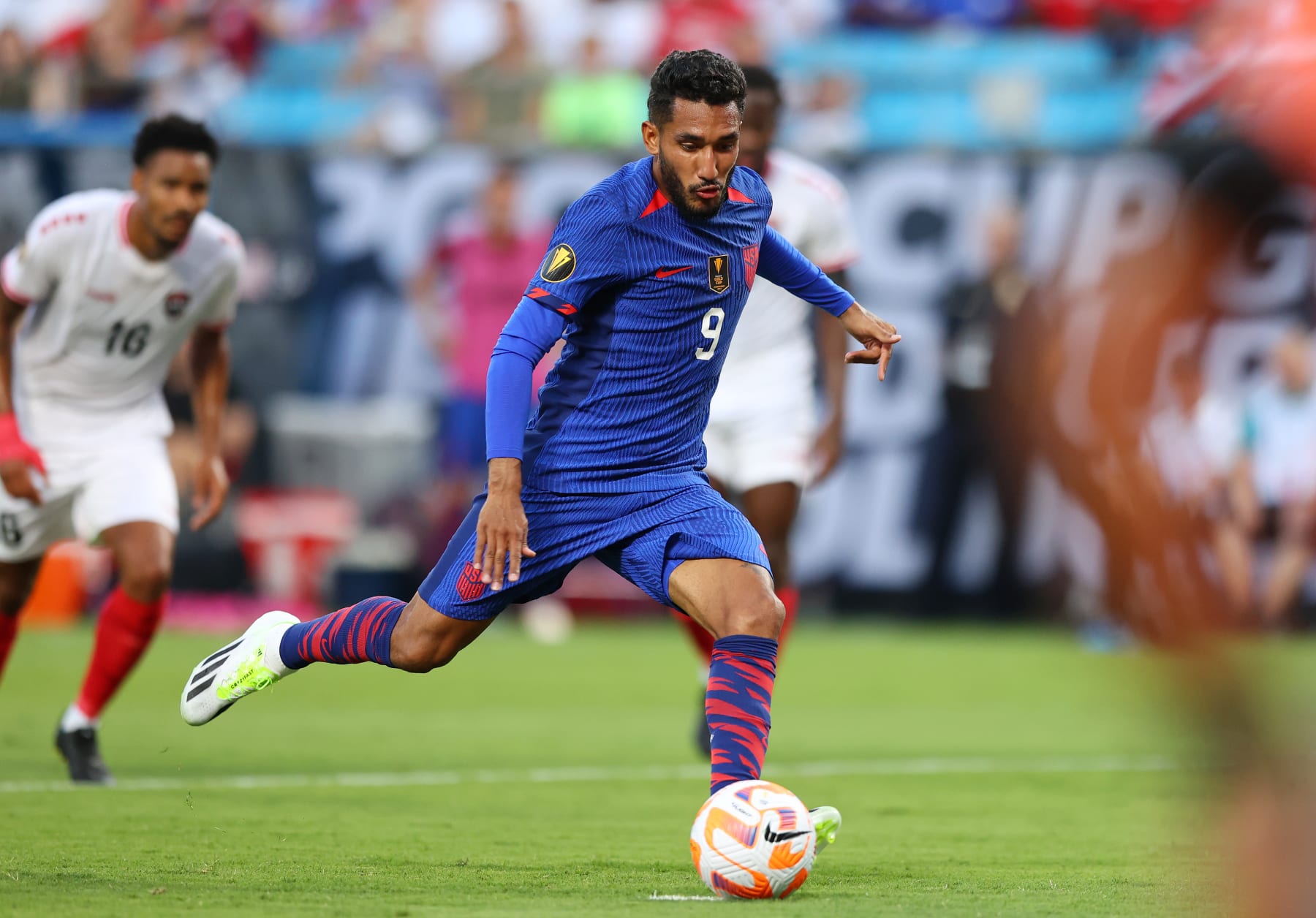 CHARLOTTE, NORTH CAROLINA - JULY 02: Jesús Ferreira #9 of the United States takes a penalty kick during the first half of a Group A - 2023 Concacaf Gold Cup match against Trinidad and Tobagoat Bank of America Stadium on July 02, 2023 in Charlotte, North Carolina. (Photo by Andy Mead/USSF/Getty Images for USSF)