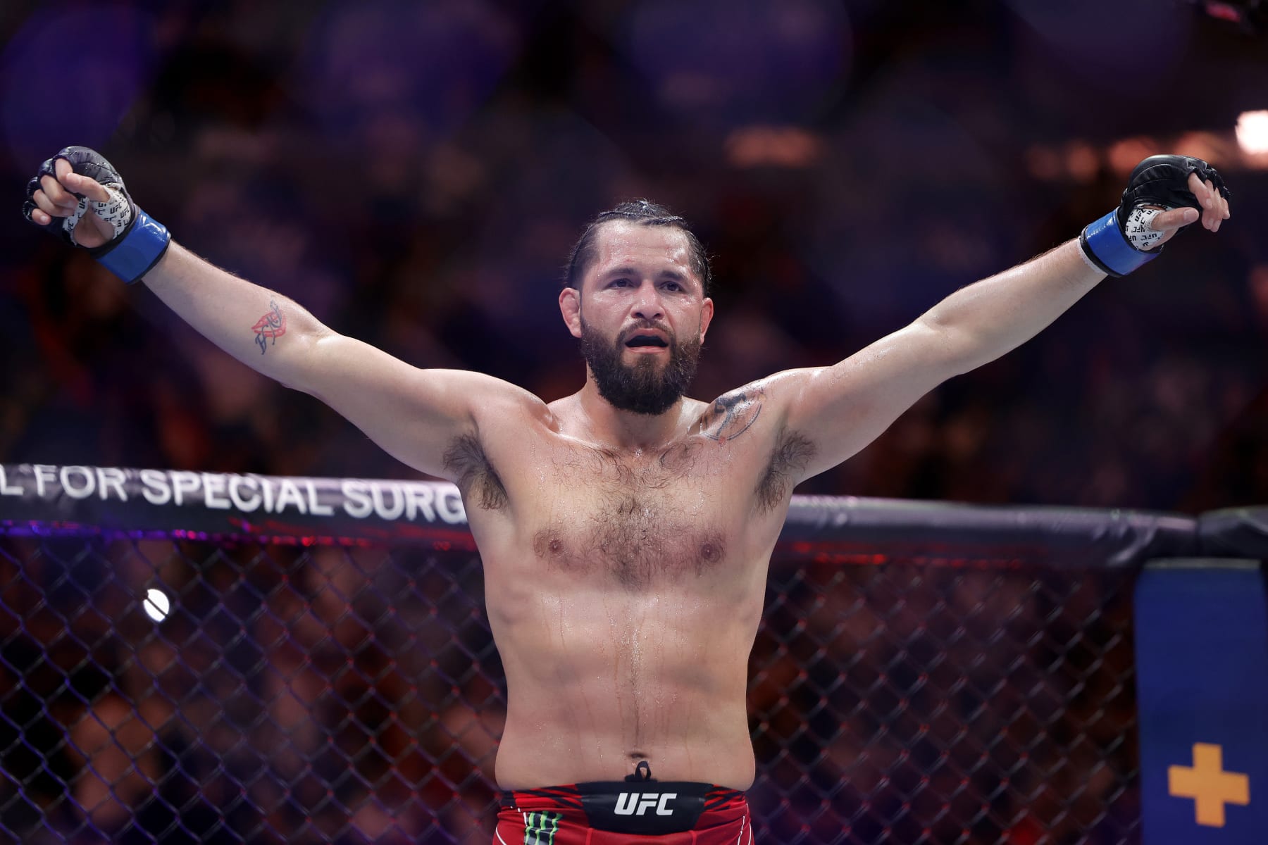 MIAMI, FLORIDA - APRIL 08: Jorge Masvidal reacts his welterweight bout against Gilbert Burns of Brazil during UFC 287 at Kaseya Center on April 08, 2023 in Miami, Florida. (Photo by Carmen Mandato/Getty Images)