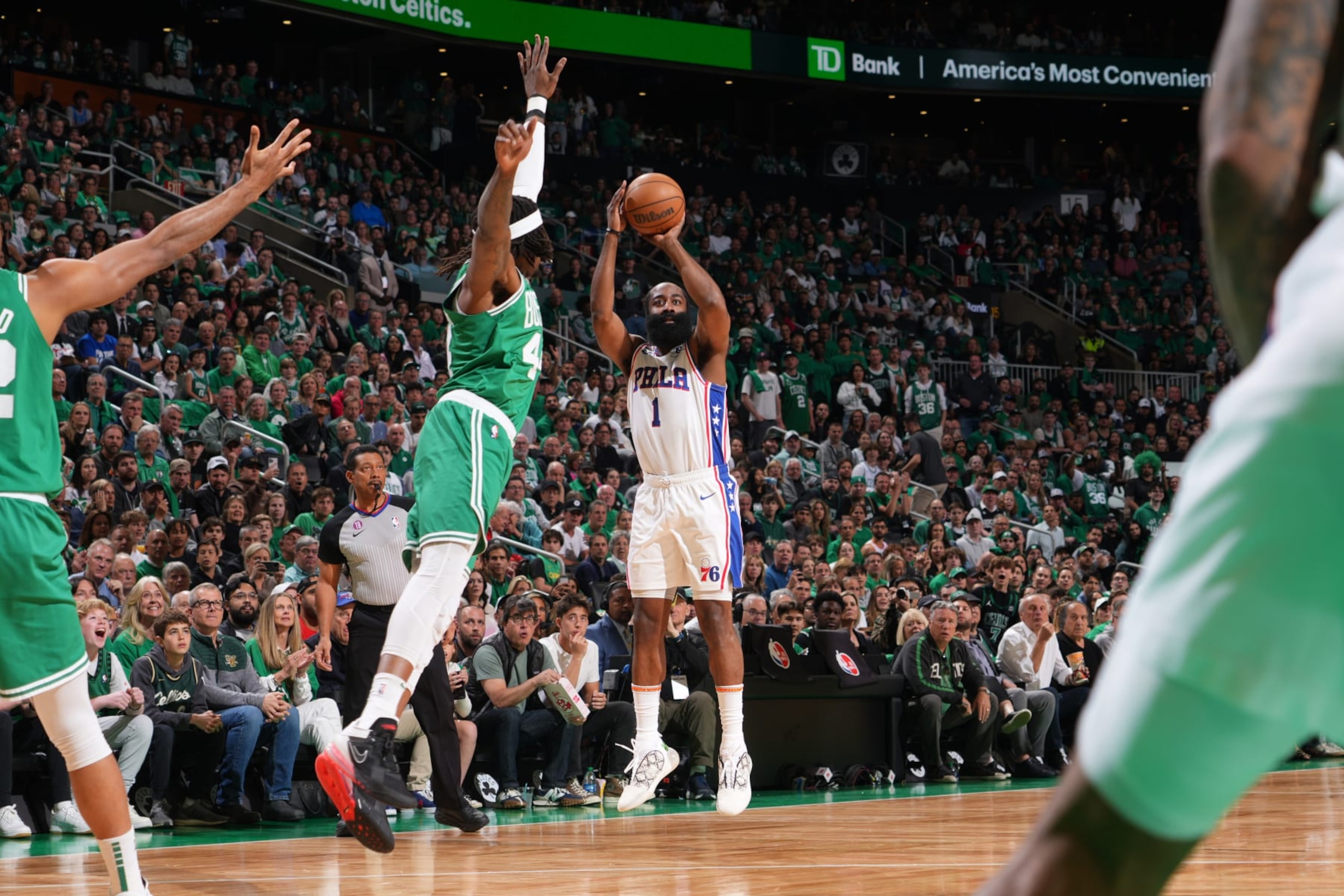 BOSTON, MA - MAY 14: James Harden #1 of the Philadelphia 76ers shoots the ball during Game Seven of the Eastern Conference Semi-Finals of the 2023 NBA Playoffs against the Boston Celtics on May 14, 2023 at the TD Garden in Boston, Massachusetts. NOTE TO USER: User expressly acknowledges and agrees that, by downloading and or using this photograph, User is consenting to the terms and conditions of the Getty Images License Agreement. Mandatory Copyright Notice: Copyright 2023 NBAE  (Photo by Jesse D. Garrabrant/NBAE via Getty Images)