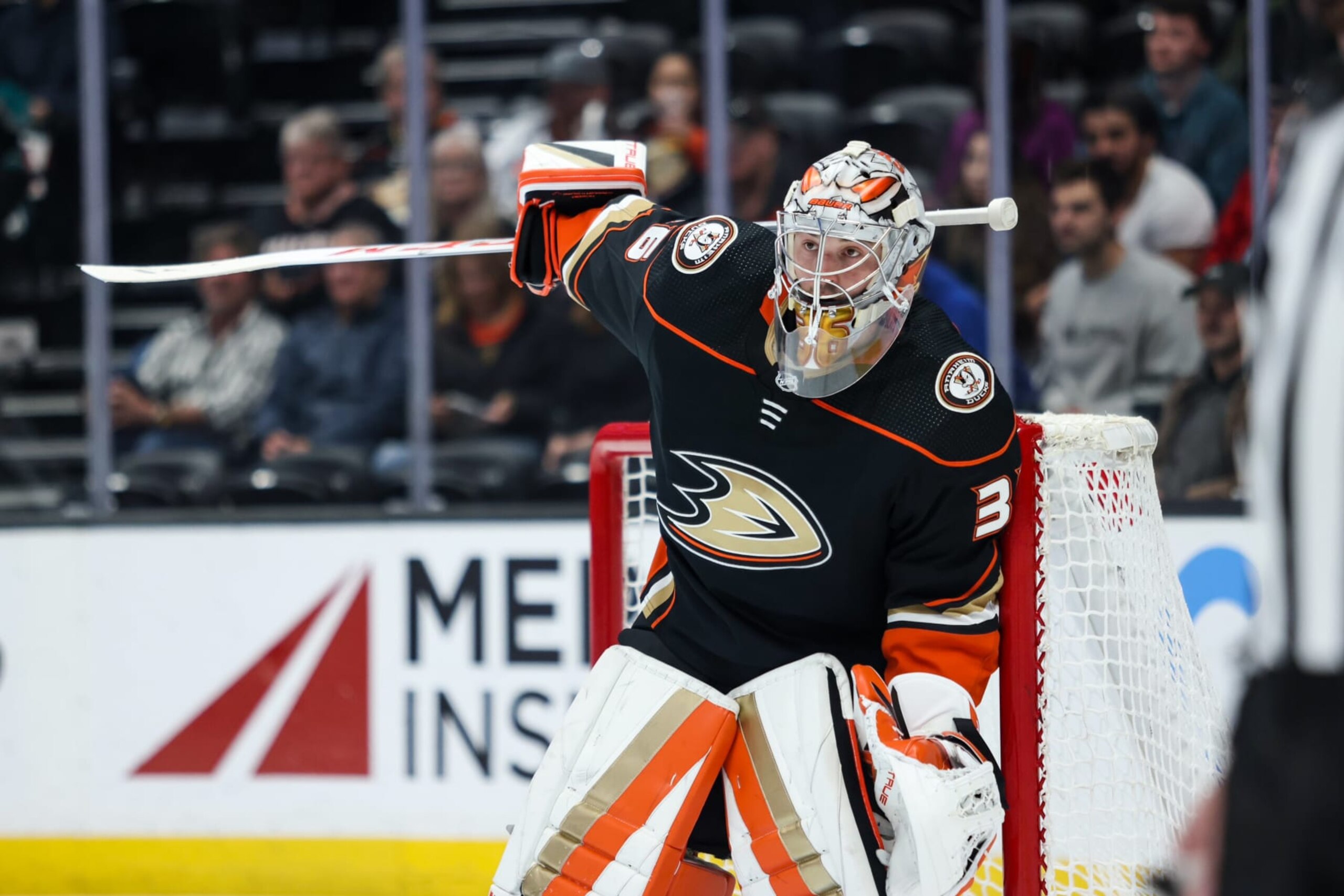 ANAHEIM, CALIFORNIA - MARCH 27 : John Gibson #36 of the Anaheim Ducks defends the net during the second period against the Colorado Avalanche at Honda Center on March 27, 2023 in Anaheim, California. (Photo by Nicole Vasquez/NHLI via Getty Images)