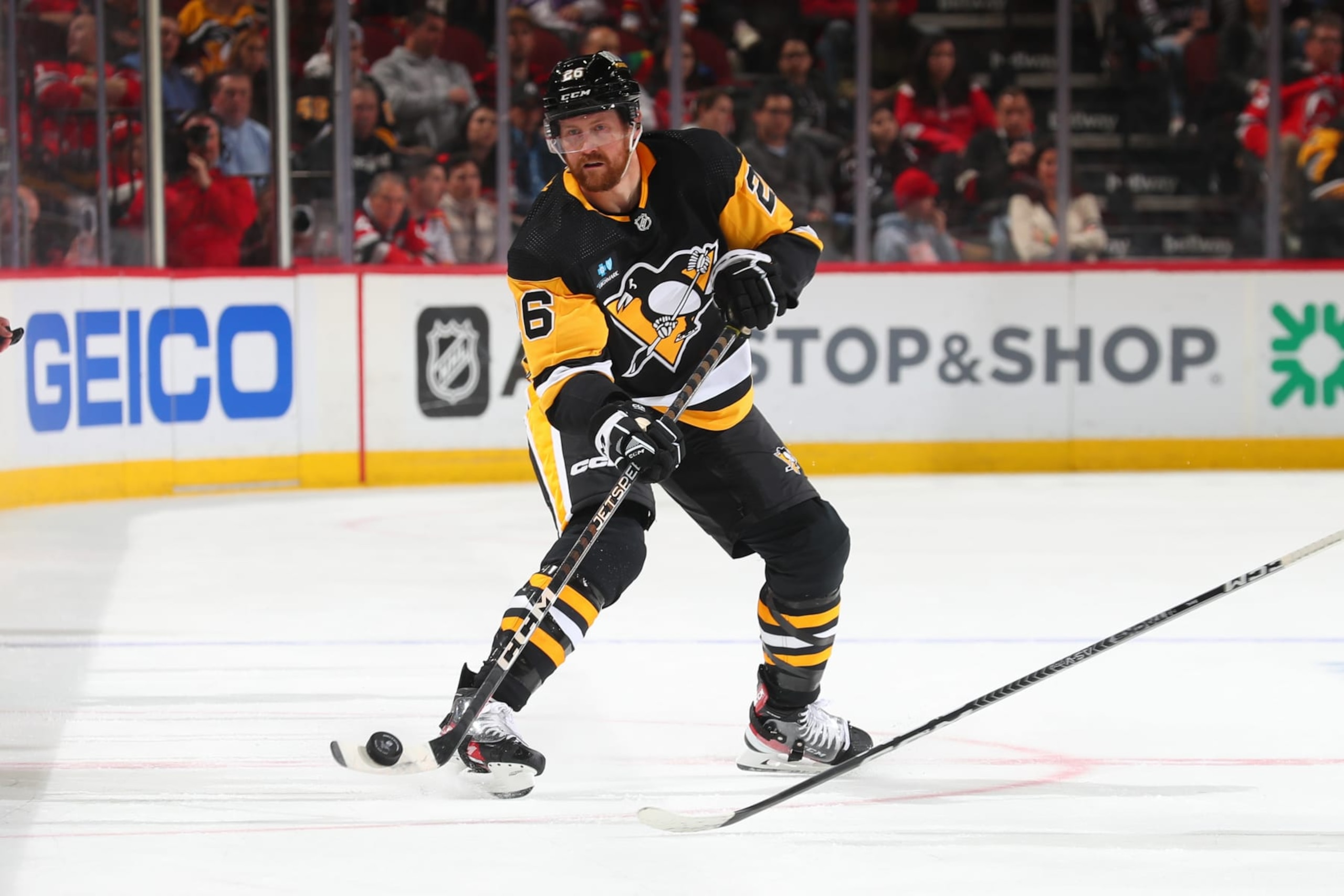 NEWARK, NJ - APRIL 04: Jeff Petry #26 of the Pittsburgh Penguins skates in the second period of the game against the New Jersey Devils on April 4, 2023 in Newark, New Jersey.  (Photo by Rich Graessle/NHLI via Getty Images)