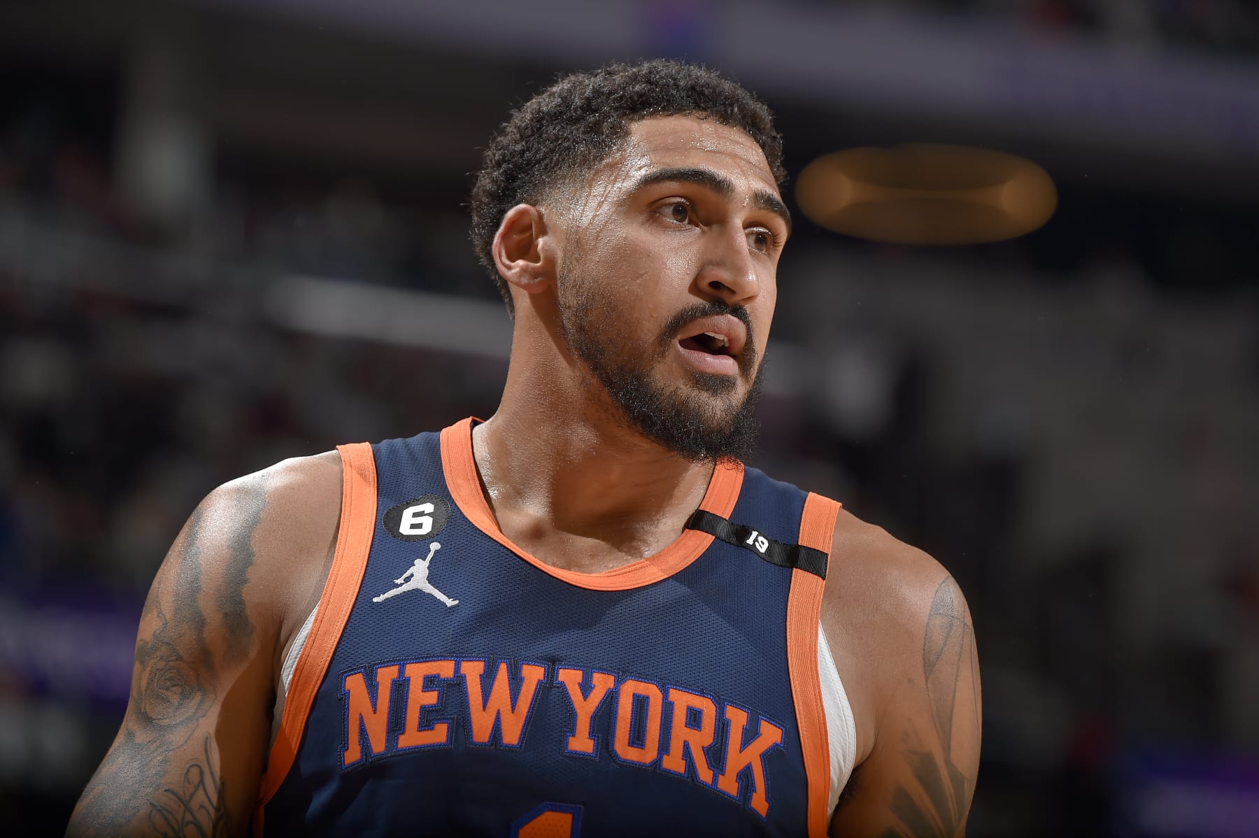 CLEVELAND, OH - APRIL 26: Obi Toppin #1 of the New York Knicks looks on during the game against the Cleveland Cavaliers during round 1 Game 5 of the 2023 NBA Playoffs on April 26, 2023 at Rocket Mortgage FieldHouse in Cleveland, Ohio. NOTE TO USER: User expressly acknowledges and agrees that, by downloading and/or using this Photograph, user is consenting to the terms and conditions of the Getty Images License Agreement. Mandatory Copyright Notice: Copyright 2023 NBAE (Photo by David Liam Kyle/NBAE via Getty Images)