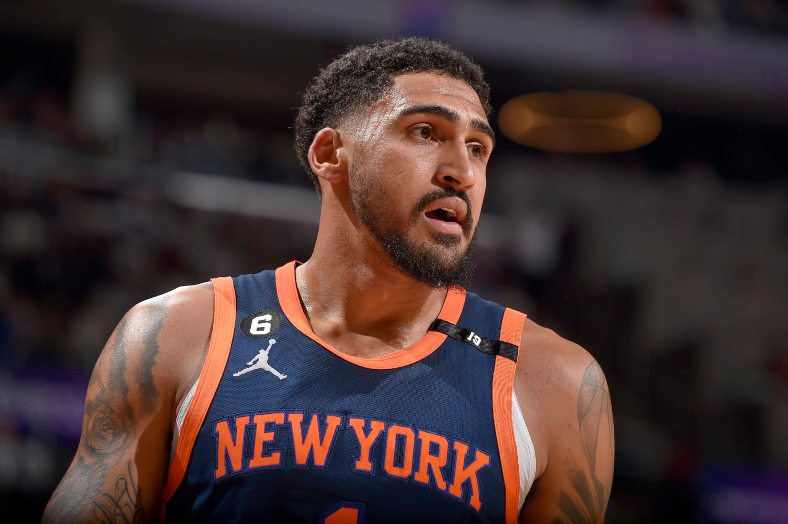 CLEVELAND, OH - APRIL 26: Obi Toppin #1 of the New York Knicks looks on during the game against the Cleveland Cavaliers during round 1 Game 5 of the 2023 NBA Playoffs on April 26, 2023 at Rocket Mortgage FieldHouse in Cleveland, Ohio. NOTE TO USER: User expressly acknowledges and agrees that, by downloading and/or using this Photograph, user is consenting to the terms and conditions of the Getty Images License Agreement. Mandatory Copyright Notice: Copyright 2023 NBAE (Photo by David Liam Kyle/NBAE via Getty Images)