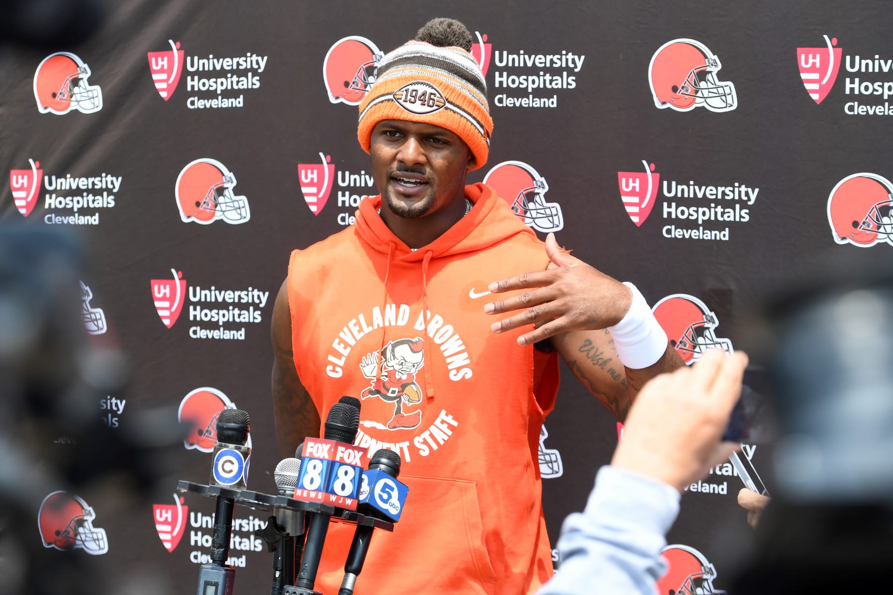 BEREA, OHIO - JUNE 07: Deshaun Watson #4 of the Cleveland Browns speaks during a press conference after the Cleveland Browns mandatory veteran minicamp at CrossCountry Mortgage Campus on June 07, 2023 in Berea, Ohio. (Photo by Nick Cammett/Diamond Images via Getty Images)