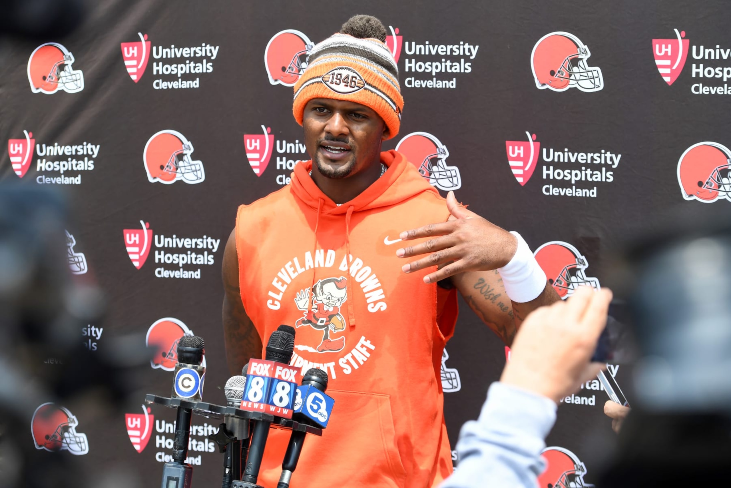 BEREA, OHIO - JUNE 07: Deshaun Watson #4 of the Cleveland Browns speaks during a press conference after the Cleveland Browns mandatory veteran minicamp at CrossCountry Mortgage Campus on June 07, 2023 in Berea, Ohio. (Photo by Nick Cammett/Diamond Images via Getty Images)