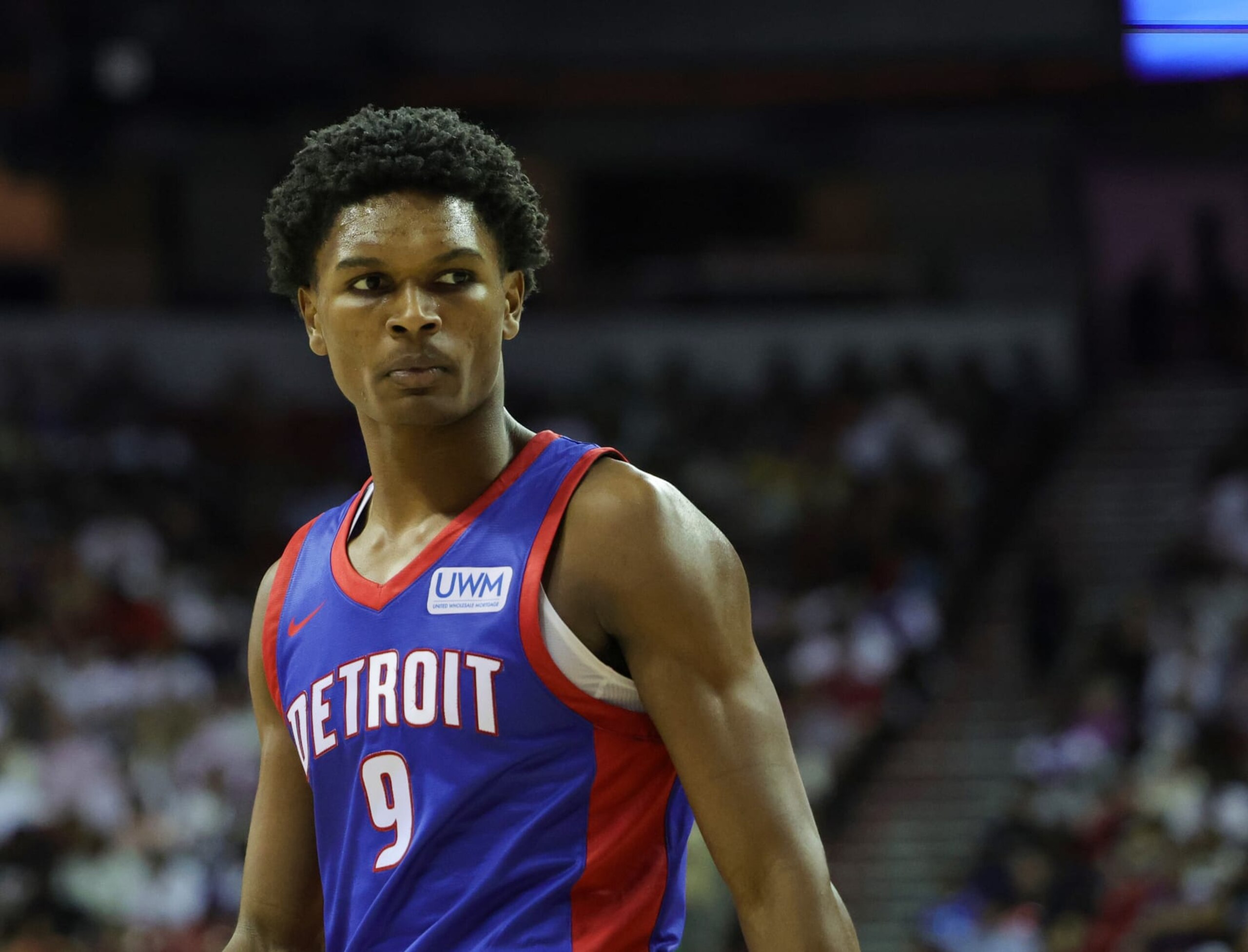 LAS VEGAS, NEVADA - JULY 09: Ausar Thompson #9 of the Detroit Pistons walks on the court during a break in the first half of a 2023 NBA Summer League game against the Houston Rockets at the Thomas & Mack Center on July 09, 2023 in Las Vegas, Nevada. NOTE TO USER: User expressly acknowledges and agrees that, by downloading and or using this photograph, User is consenting to the terms and conditions of the Getty Images License Agreement. (Photo by Ethan Miller/Getty Images) (Photo by Ethan Miller/Getty Images)