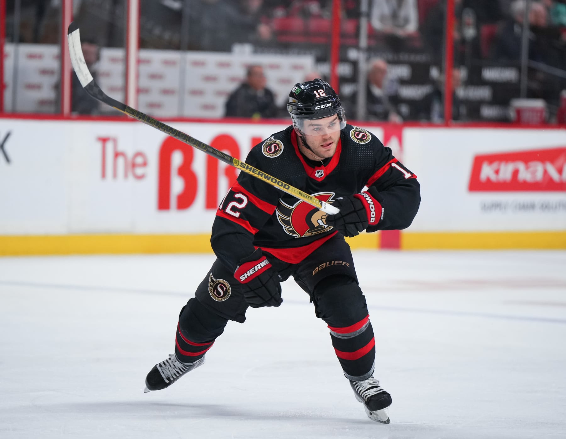 OTTAWA, CANADA - APRIL 8:  Alex DeBrincat #12 of the Ottawa Senators skates against the Tampa Bay Lightning at Canadian Tire Centre on April 8, 2023 in Ottawa, Ontario, Canada.  (Photo by André Ringuette/NHLI via Getty Images)