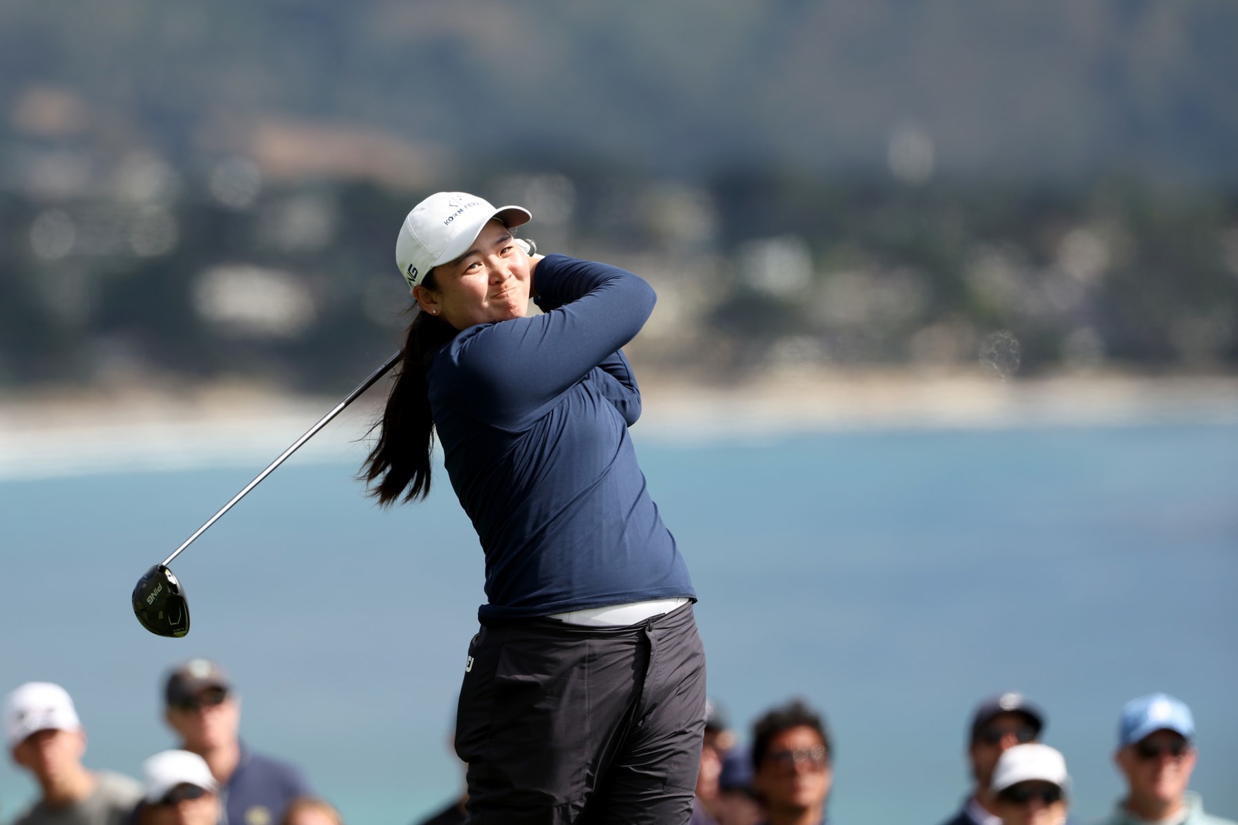 PEBBLE BEACH, CALIFORNIA - JULY 09: Allisen Corpuz of the United States plays her shot from the 14th tee during the final round of the 78th U.S. Women's Open at Pebble Beach Golf Links on July 09, 2023 in Pebble Beach, California. (Photo by Ezra Shaw/Getty Images)
