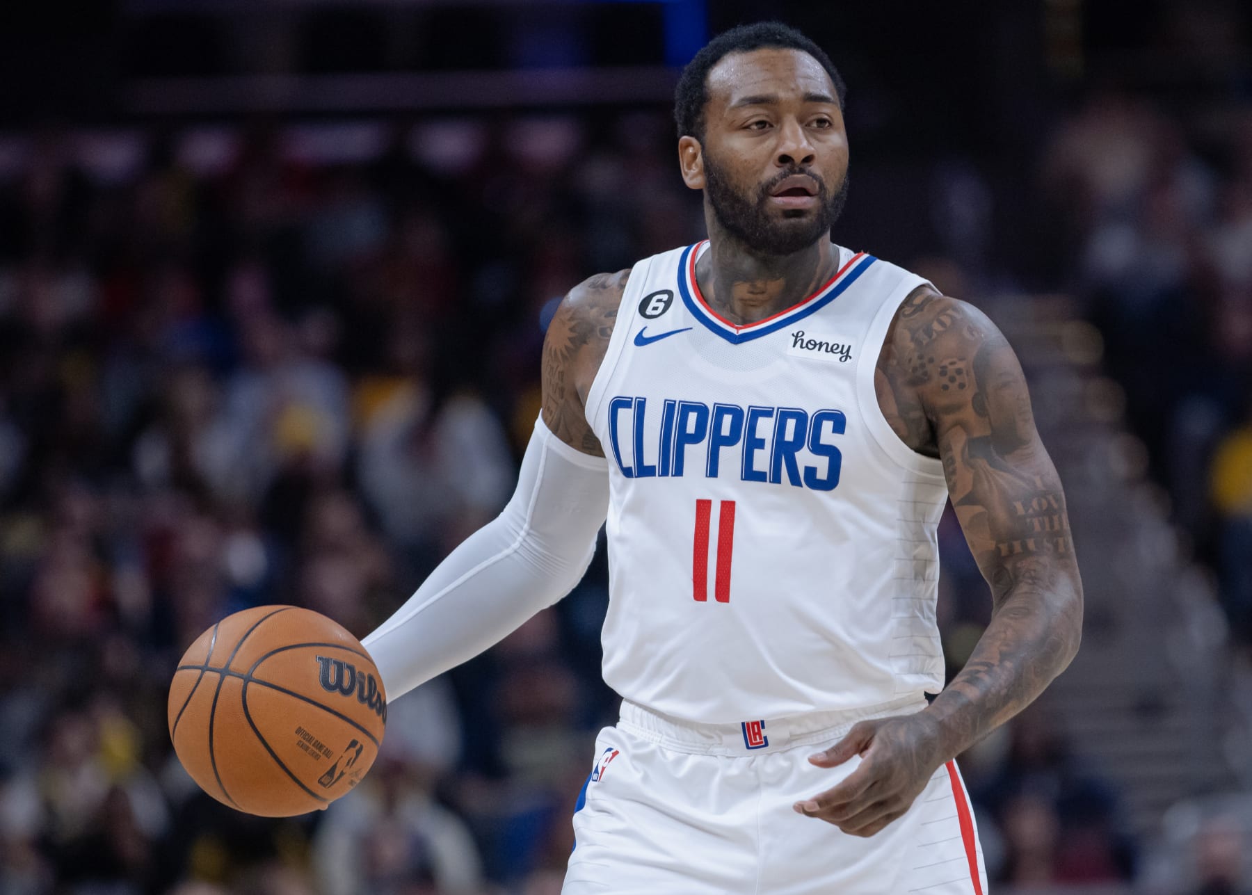 INDIANAPOLIS, IN - DECEMBER 31: John Wall #11 of the LA Clippers dribbles during the game against the Indiana Pacers at Gainbridge Fieldhouse on December 31, 2022 in Indianapolis, Indiana. NOTE TO USER: User expressly acknowledges and agrees that, by downloading and or using this photograph, User is consenting to the terms and conditions of the Getty Images License Agreement.(Photo by Michael Hickey/Getty Images)
