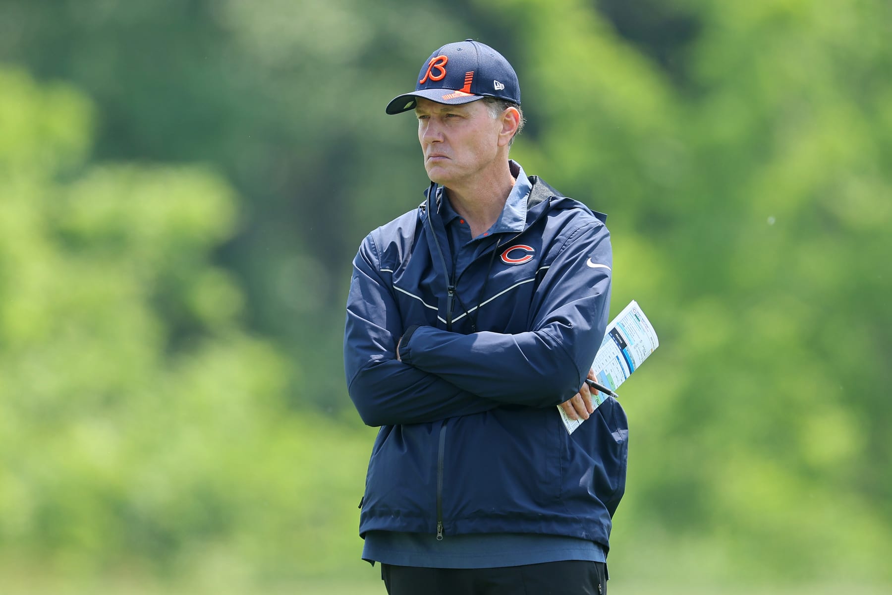 LAKE FOREST, ILLINOIS - JUNE 07: Head coach Matt Eberflus of the Chicago Bears looks on during OTA's at Halas Hall on June 07, 2023 in Lake Forest, Illinois. (Photo by Michael Reaves/Getty Images)