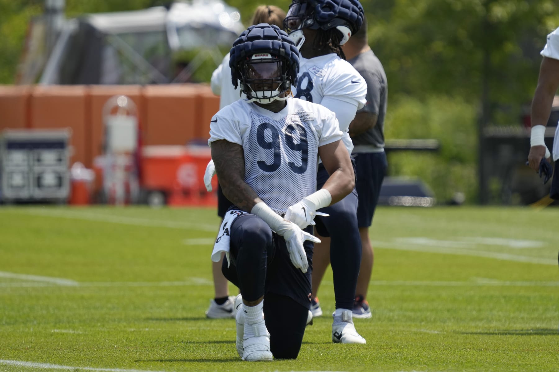 Chicago Bears defensive lineman Trevis Gipson works on the field during NFL football OTA practice in Lake Forest, Ill., Tuesday, May 23, 2023. (AP Photo/Nam Y. Huh)